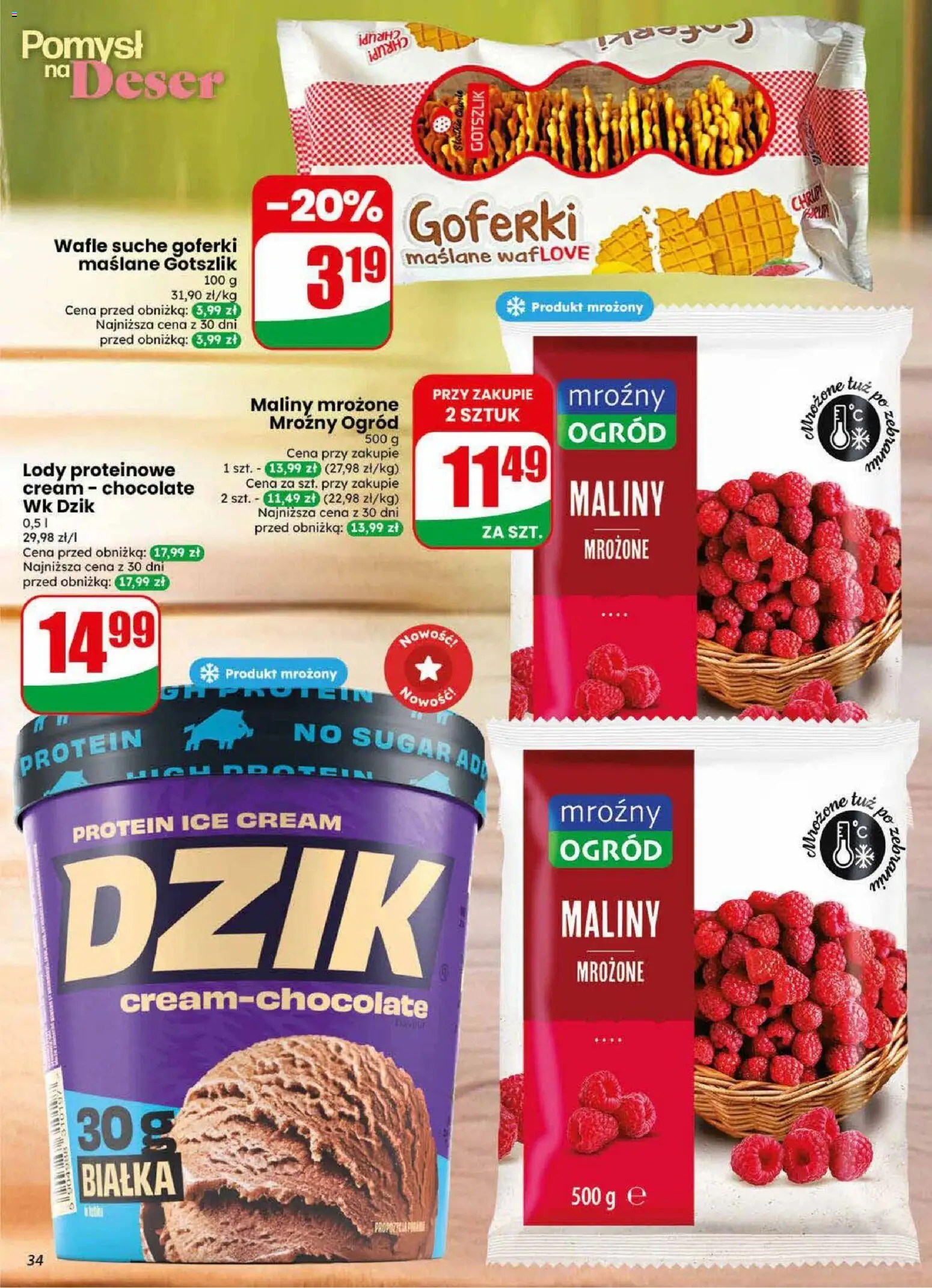 Dino gazetka od 22.07.2026 | Strona: 34 | Produkty: Maliny, Wafle, Lody proteinowe, Lody
