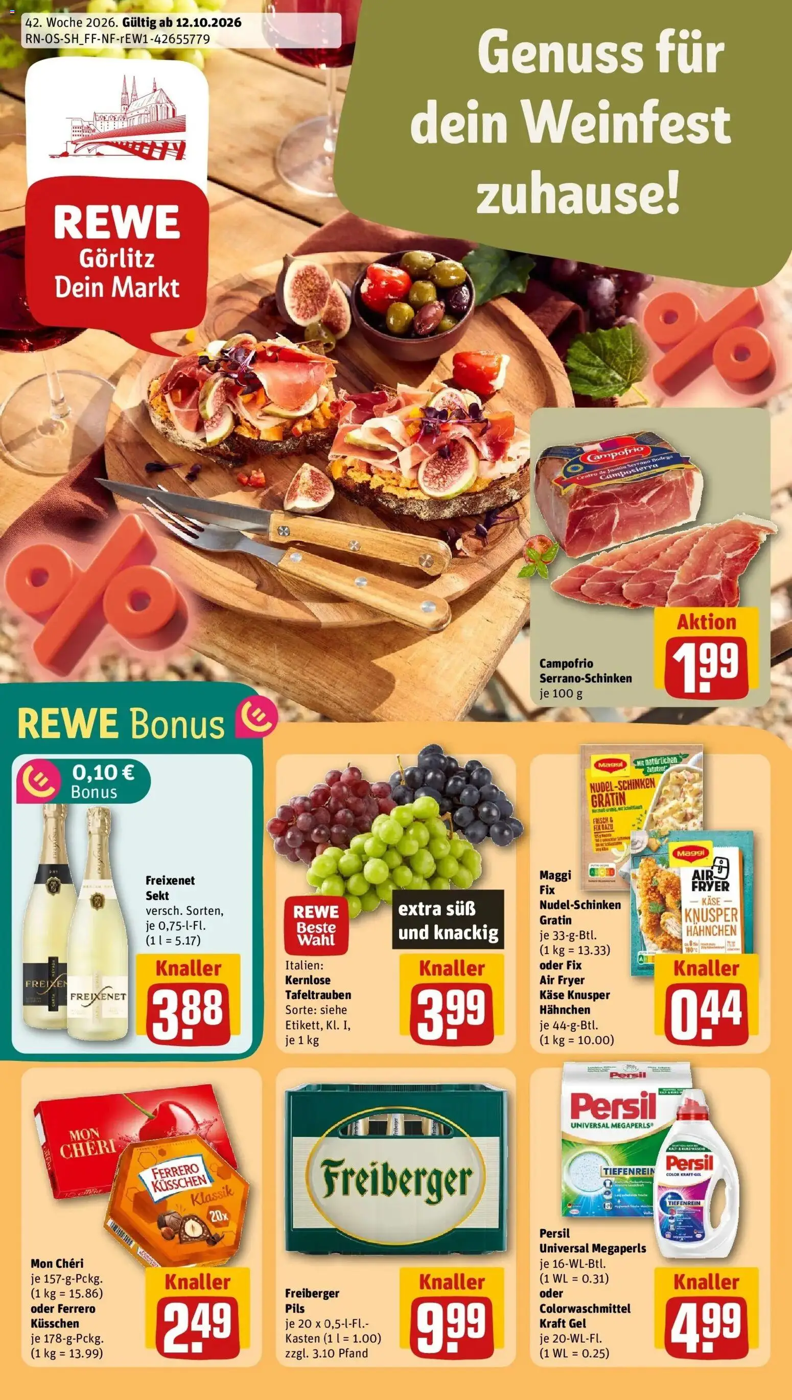 REWE Prospekt ab 12.10.2026 zum Blättern » Angebote | Seite: 1 | Produkte: Käse, Pils, Persil, Mon cheri