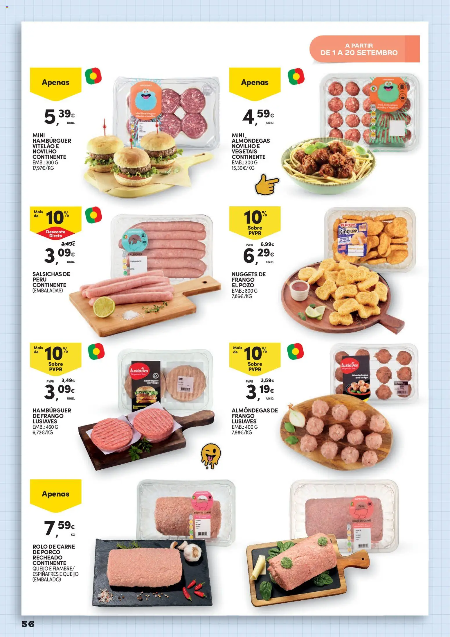 Continente Regresso às Aulas Na escola de toda a gente │ válido de 11/08/2026 | Página: 56 | Produtos: Espinafres, Peru, Hambúrguer, Queijo