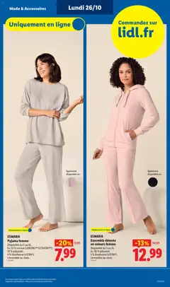 LIDL - Prévisualisation de ESMARA, Pyjama femme, Disponible du S au XL., Ex. 53 % viscose (LENZING™ ECOVERO™),, 43 % polyester,, 4 % élasthanne (LYCRA®)., L'ensemble au choix. valide à partir de 26/10/2026 | Page: 5 | Produits: Pyjama femme, Pyjama femme esmara, Ensemble detente en velours femme, Pyjama