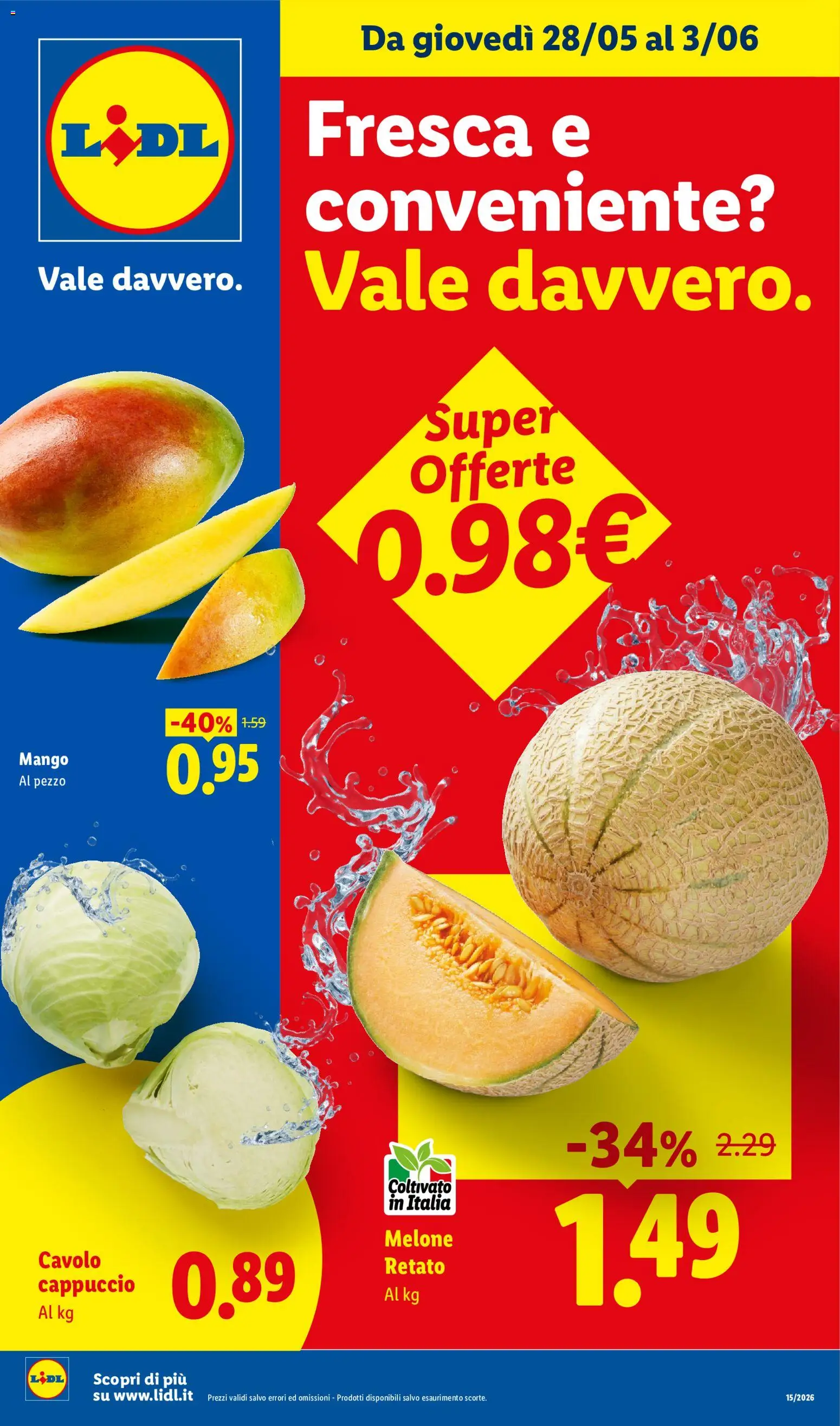 Volantino Lidl del 28.05.2026 | Pagina: 1 | Prodotti: Mango, Cavolo, Melone, Cappuccio