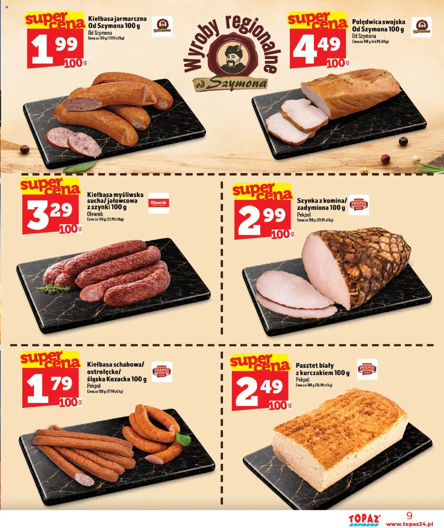 Topaz gazetka - Express od 15.10.2026 | Strona: 9 | Produkty: Myśliwska, Pasztet, Szynka, Kiełbasa myśliwska