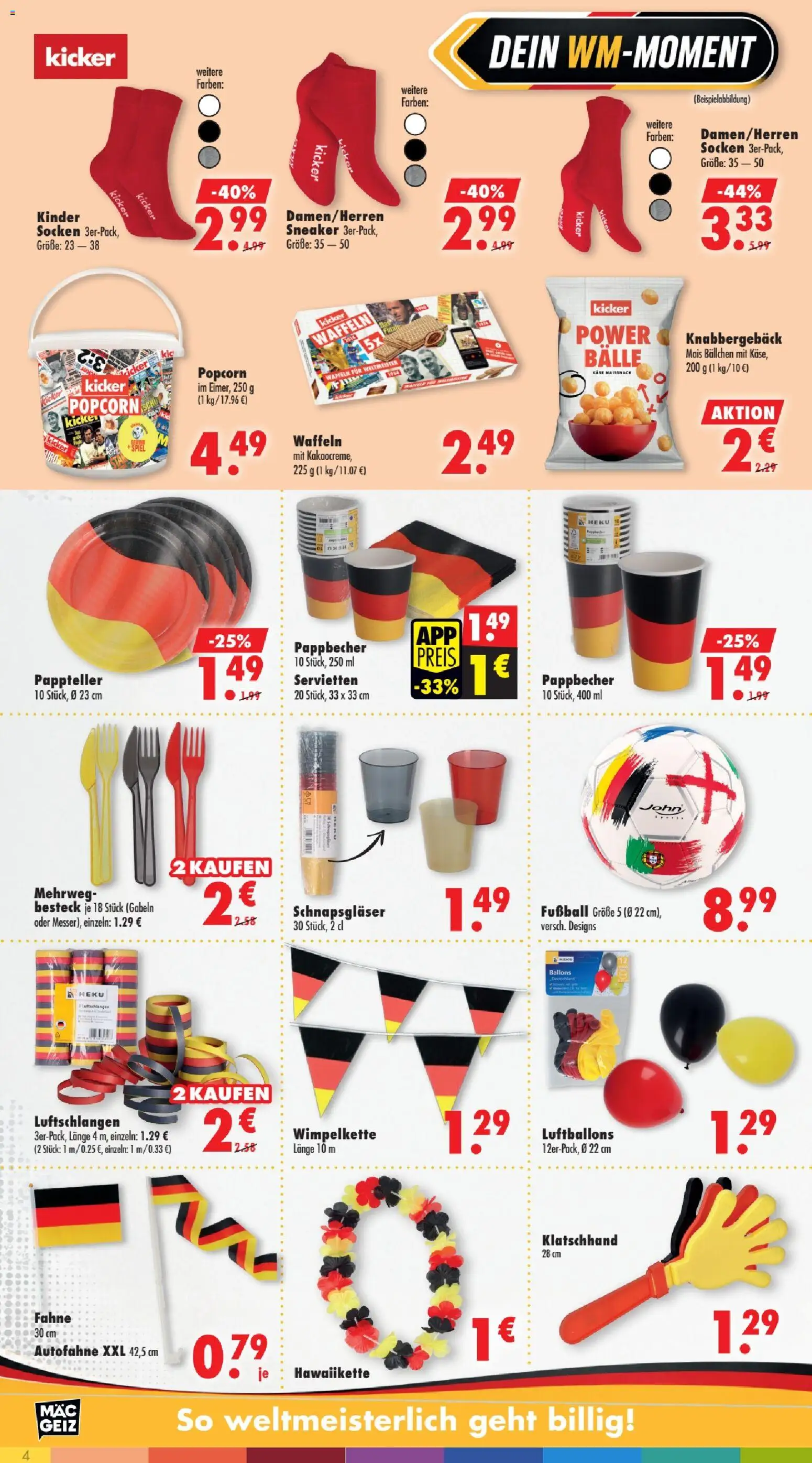 Mäc Geiz Prospekt – gültig ab 01.06.2026 | Seite: 4 | Produkte: Käse, Waffeln, Fußball, Socken