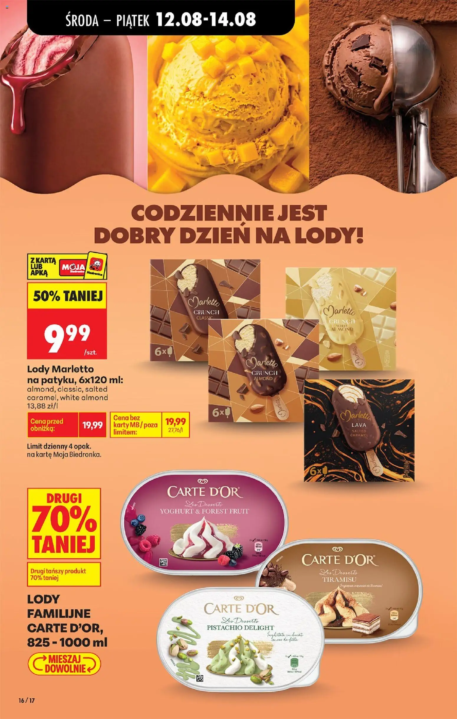 Biedronka gazetka od środy od 12.08.2026 | Strona: 22 | Produkty: Carte D'or, Tiramisu, Lody Marletto, Lody