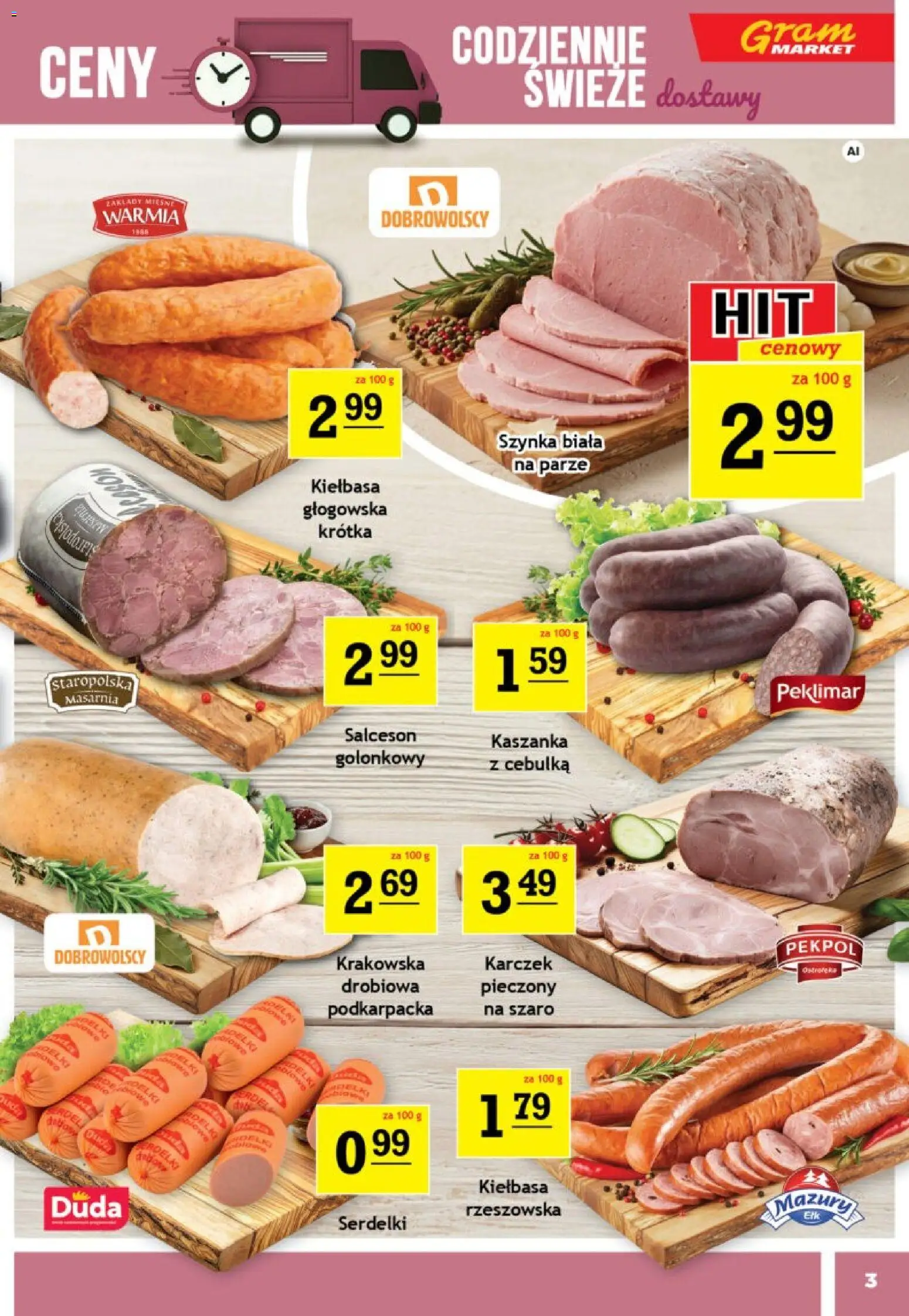 Gram Market gazetka od 19.08.2026 | Strona: 3 | Produkty: Kiełbasa, Karczek, Szynka, Salceson