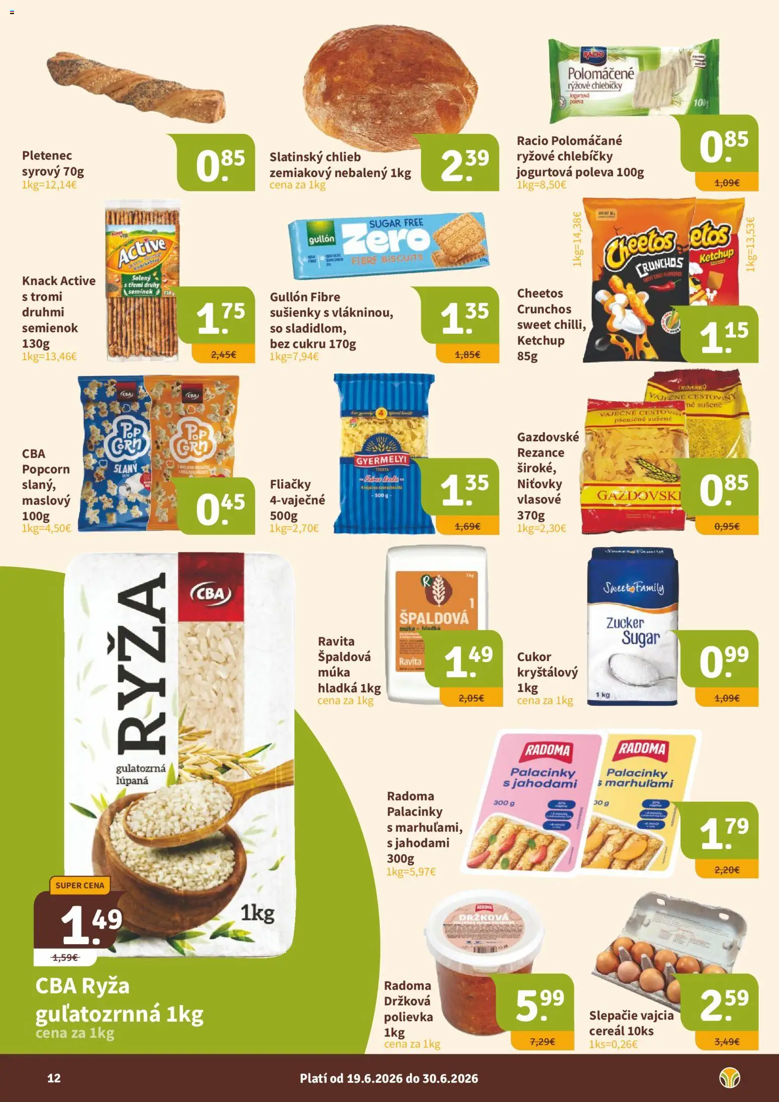 Nové Nitrazdroj akcie – leták je platný od 19.06.2026 | Strana: 12 | Produkty: Vajcia, Ryža, Rezance, Múka
