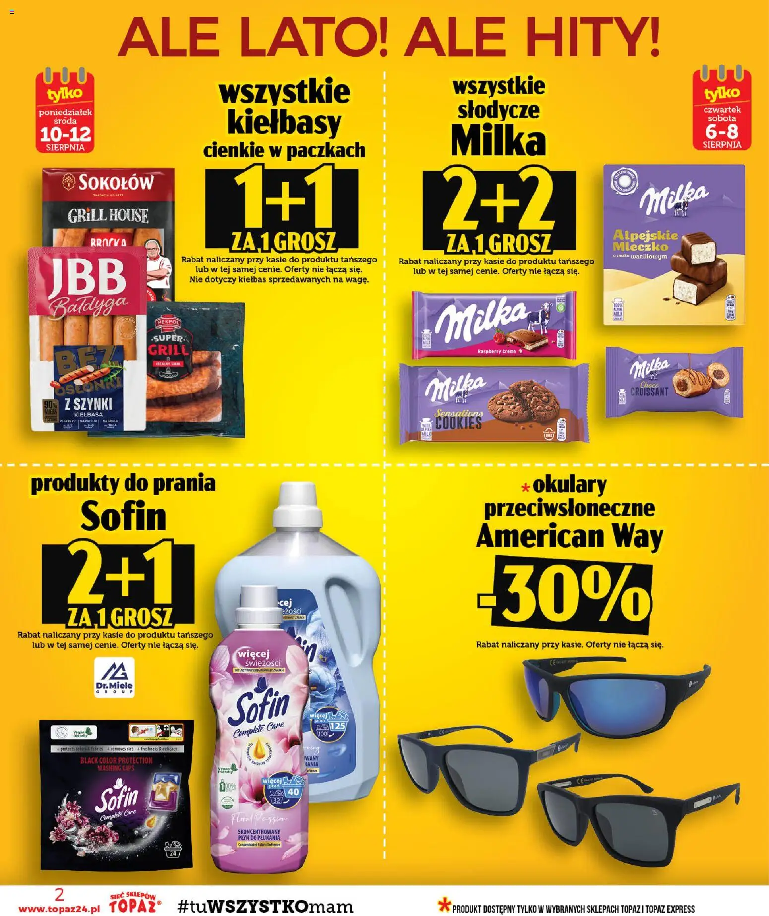 Topaz gazetka od 06.08.2026 | Strona: 2 | Produkty: Kiełbasa, Słodycze, Grill, Milka