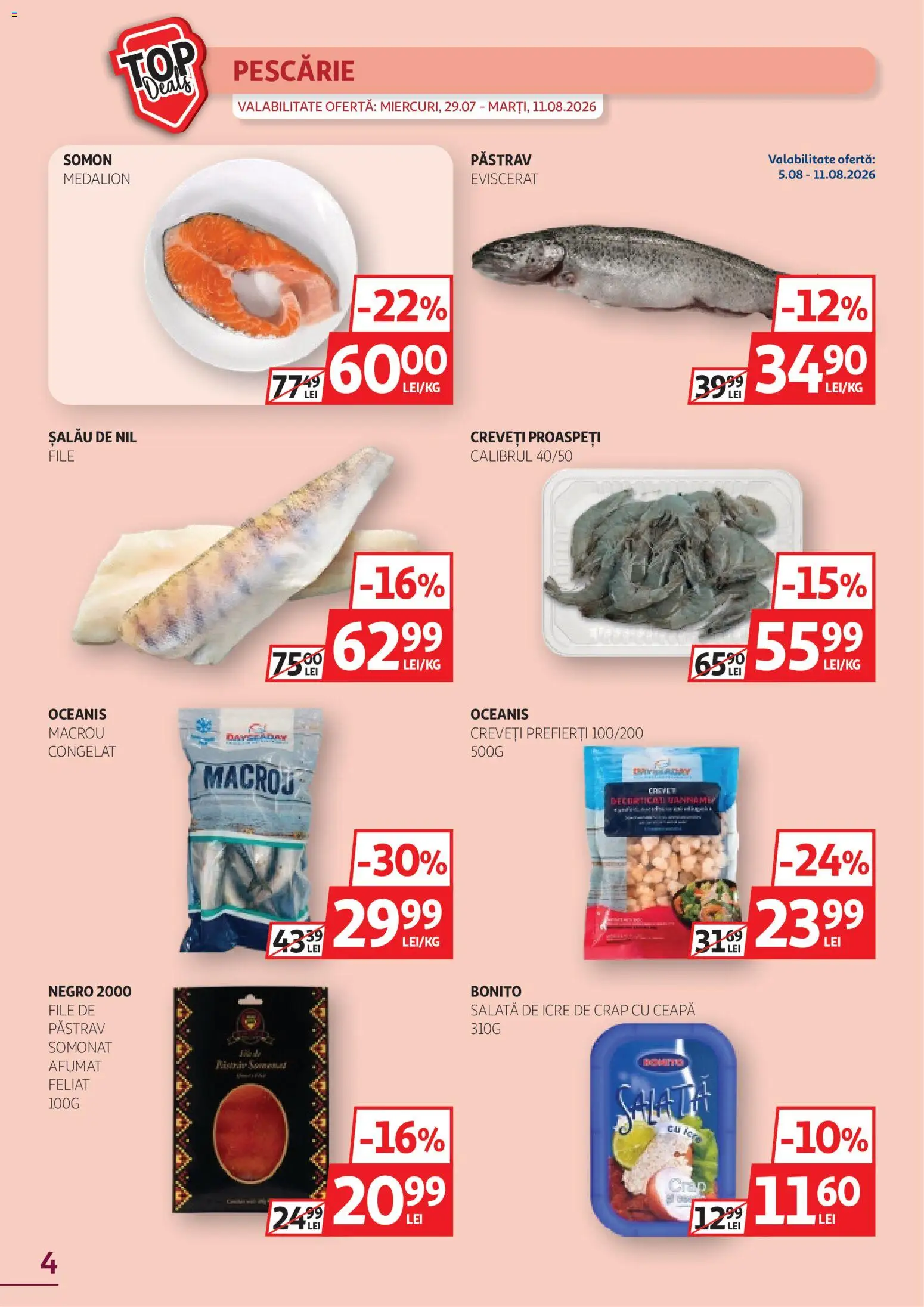 Noul catalog Auchan – valabil de la 29.07.2026 | Pagină: 4 | Produse: Pastrav, Somon, Bonito, Ceapă