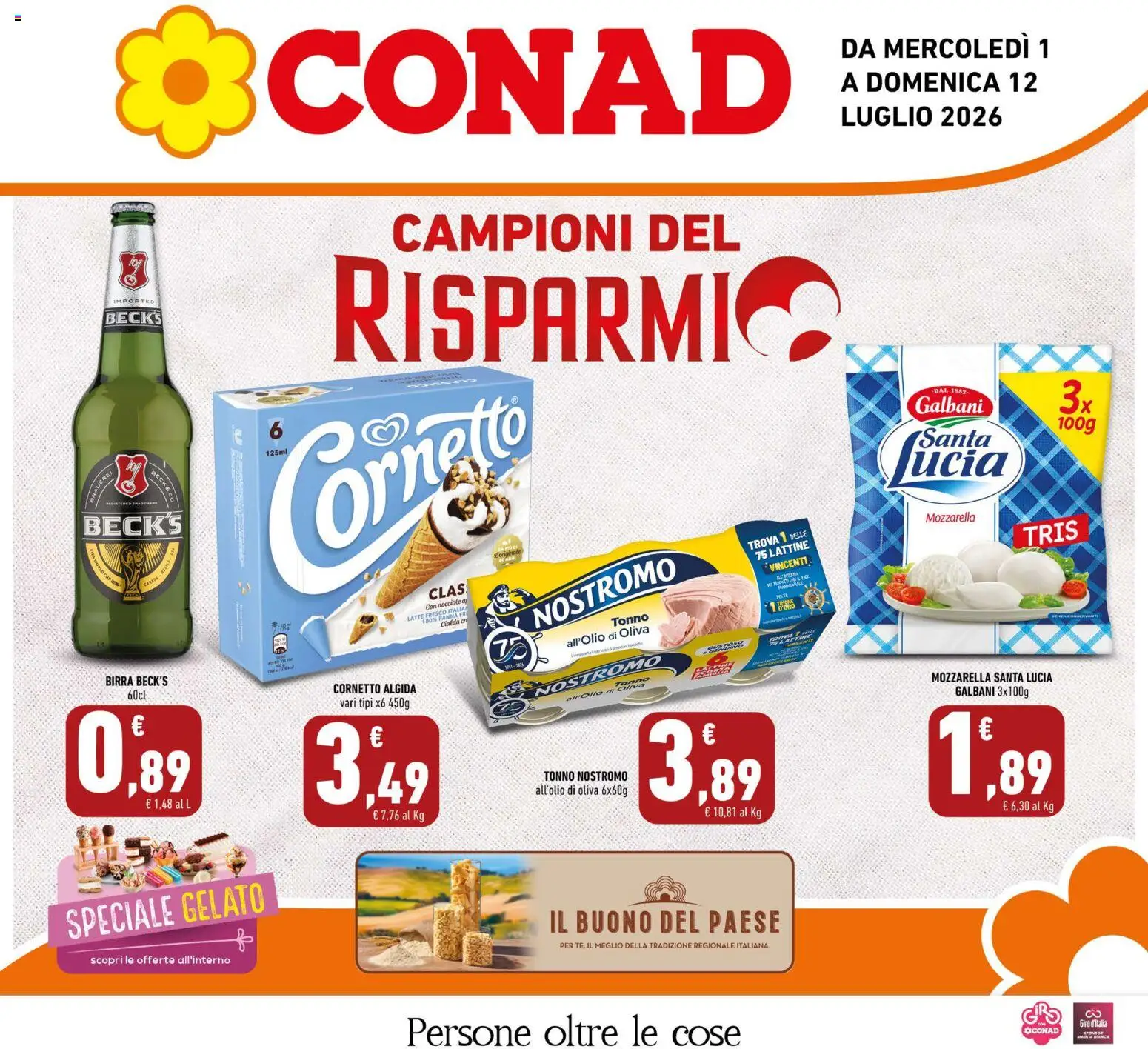 Volantino Conad del 01/07/2026 | Pagina: 1 | Prodotti: Panna, Gelato, Mozzarella, Tonno