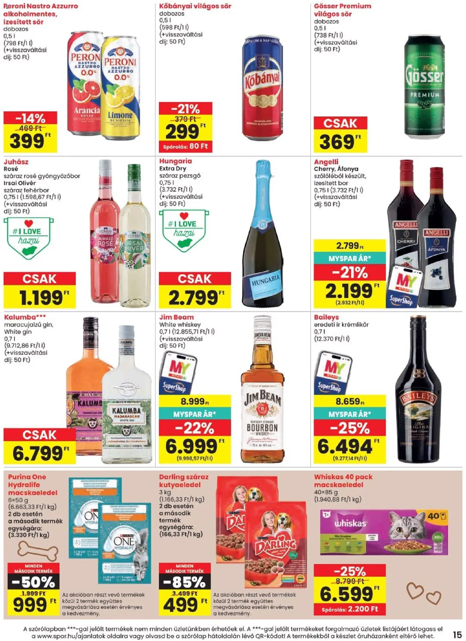 Spar akciós ujság - amely érvényes a következő dátumtól: 11.06.2026 | Oldal: 15 | Termékek: Macskaeledel, Whiskas, Pezsgő, Sör