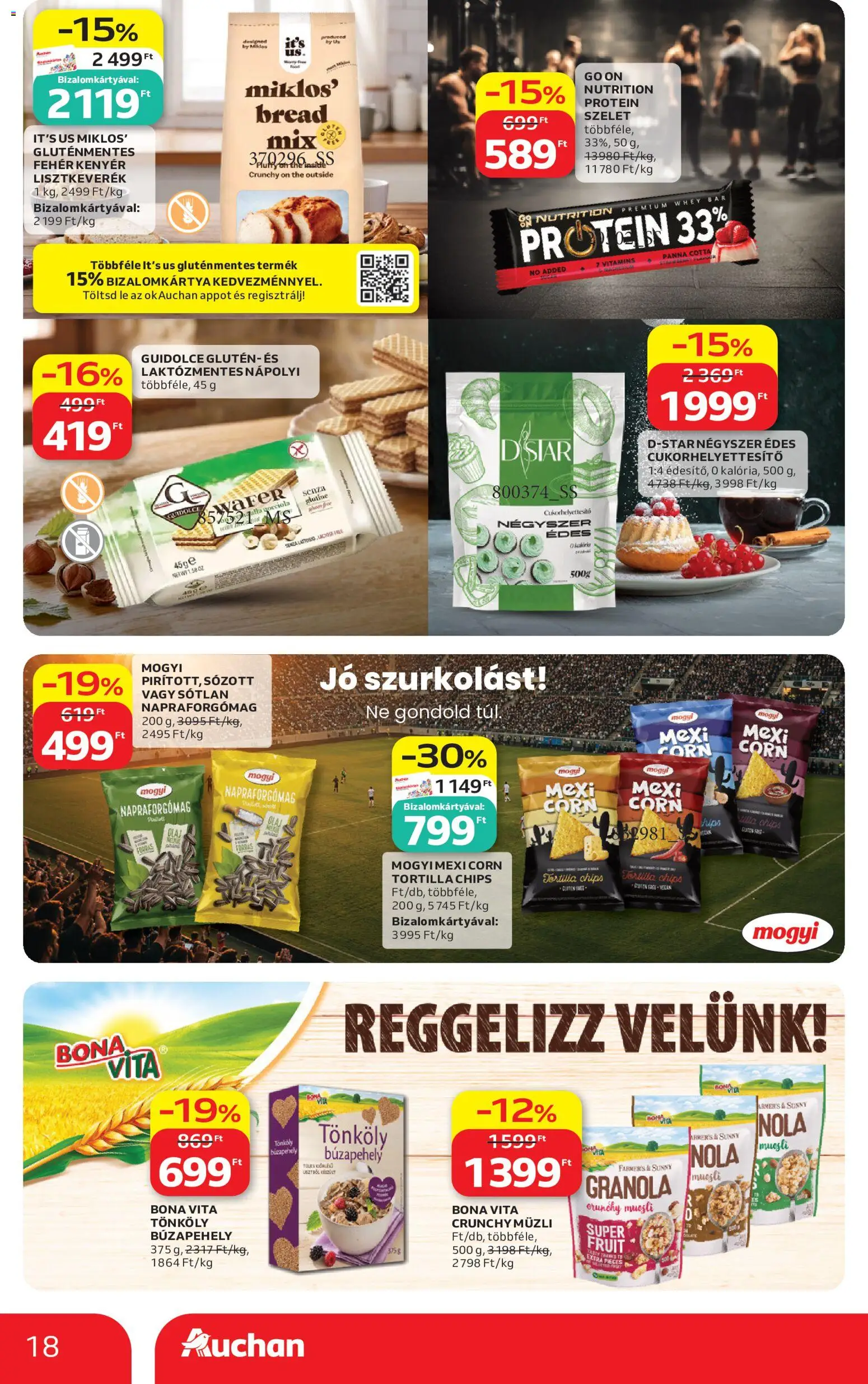 Auchan akciós ujság - amely érvényes a következő dátumtól: 18.06.2026 | Oldal: 18 | Termékek: Müzli, Tortilla, Granola, Nápolyi