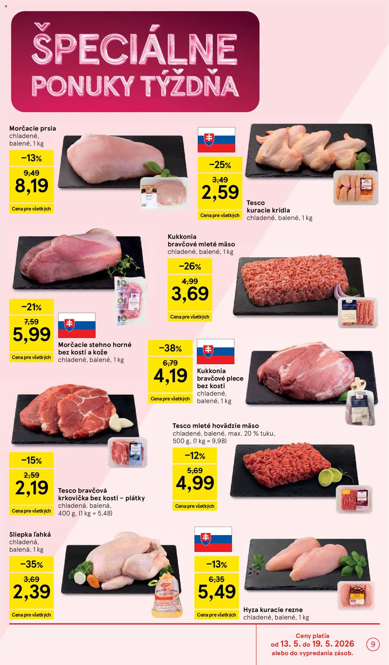 Nové Tesco akcie – leták je platný od 13.05.2026 | Strana: 9 | Produkty: Hovädzie mäso, Bravčová krkovička, Kuracie rezne, Kuracie krídla