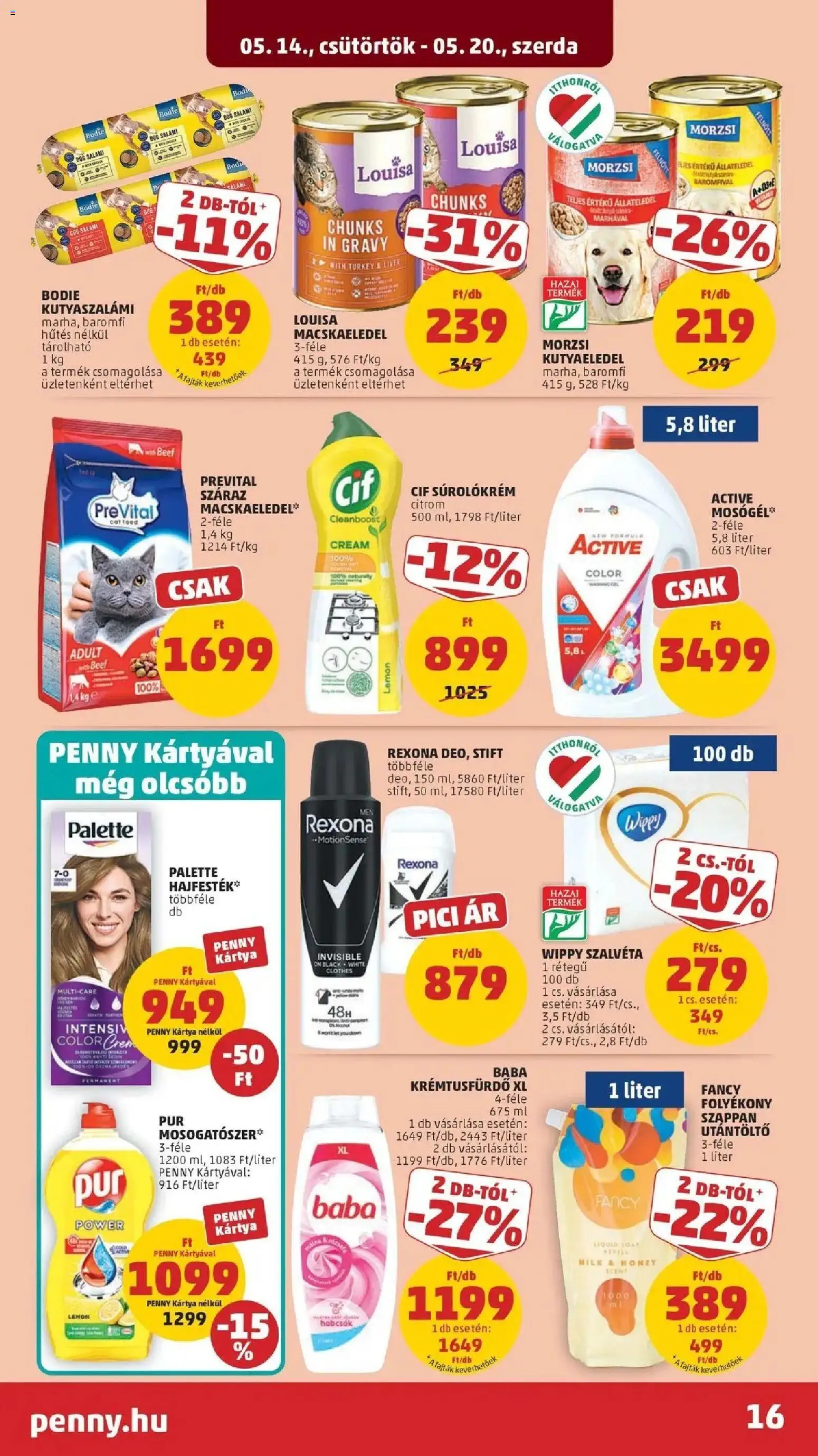 PENNY akciós ujság - amely érvényes a következő dátumtól: 14.05.2026 | Oldal: 16 | Termékek: Kutyaeledel, Folyékony szappan, Szappan, Citrom