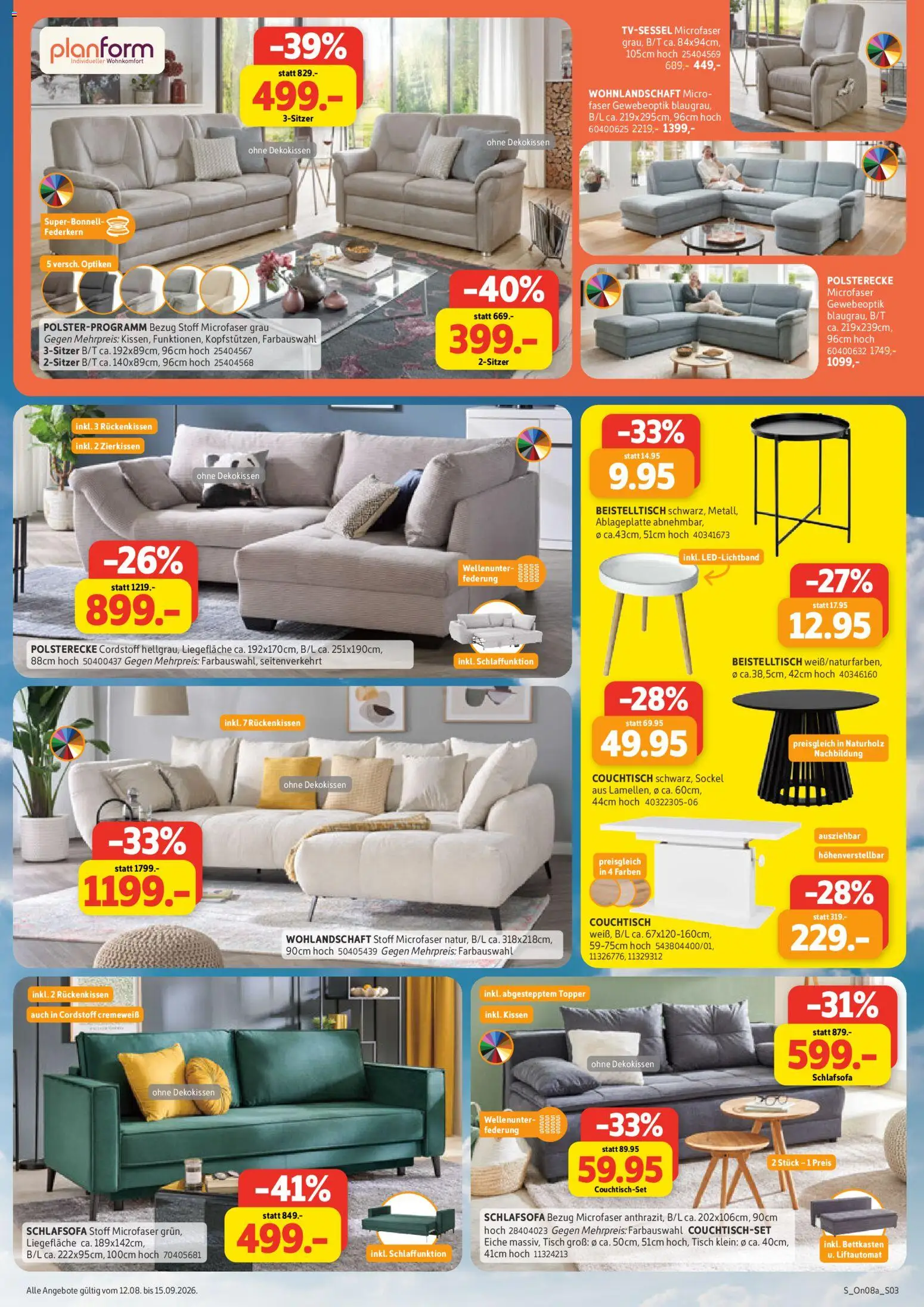 Sconto Prospekt – gültig ab 12.08.2026 | Seite: 3 | Produkte: Wohnlandschaft, Kissen, Couchtisch, Topper