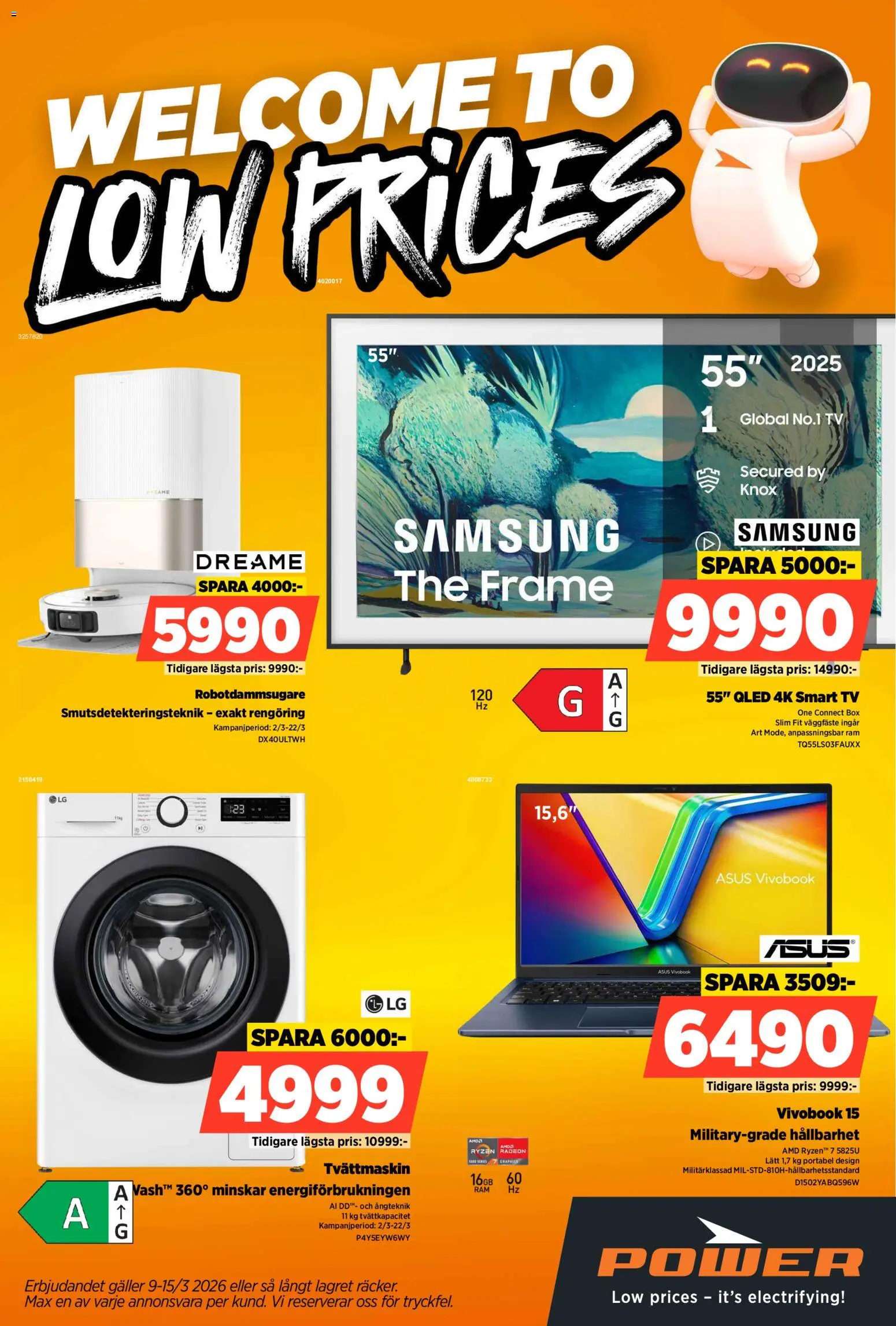 Power reklamblad aktuell från 09.03.2026 | Sida: 1 | Produkter: Smart tv, Tv, Robotdammsugare, Tvättmaskin