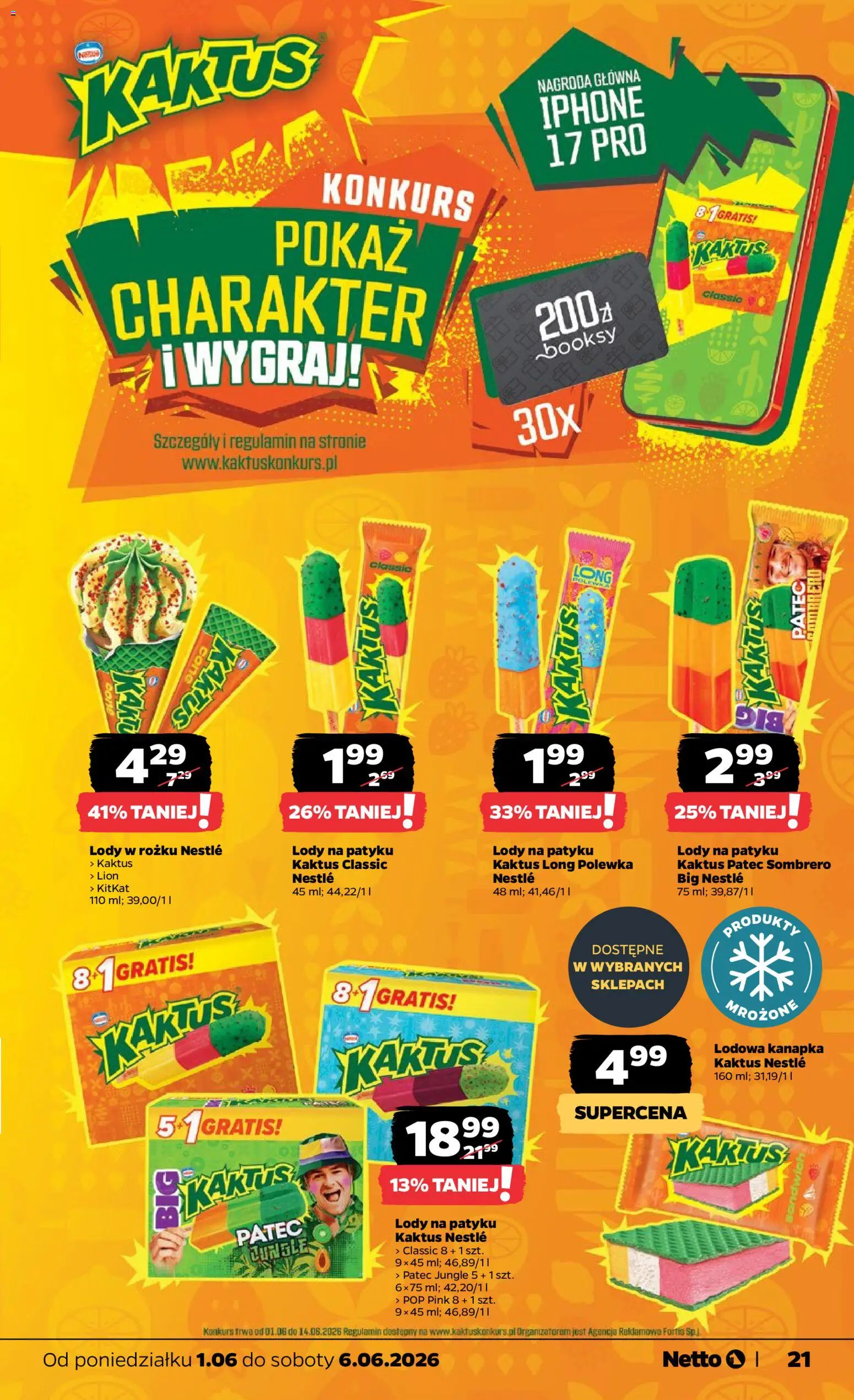 Netto gazetka od poniedziałku spożywcza od 01.06.2026 | Strona: 21 | Produkty: Sandwich, Lody na patyku, Lody