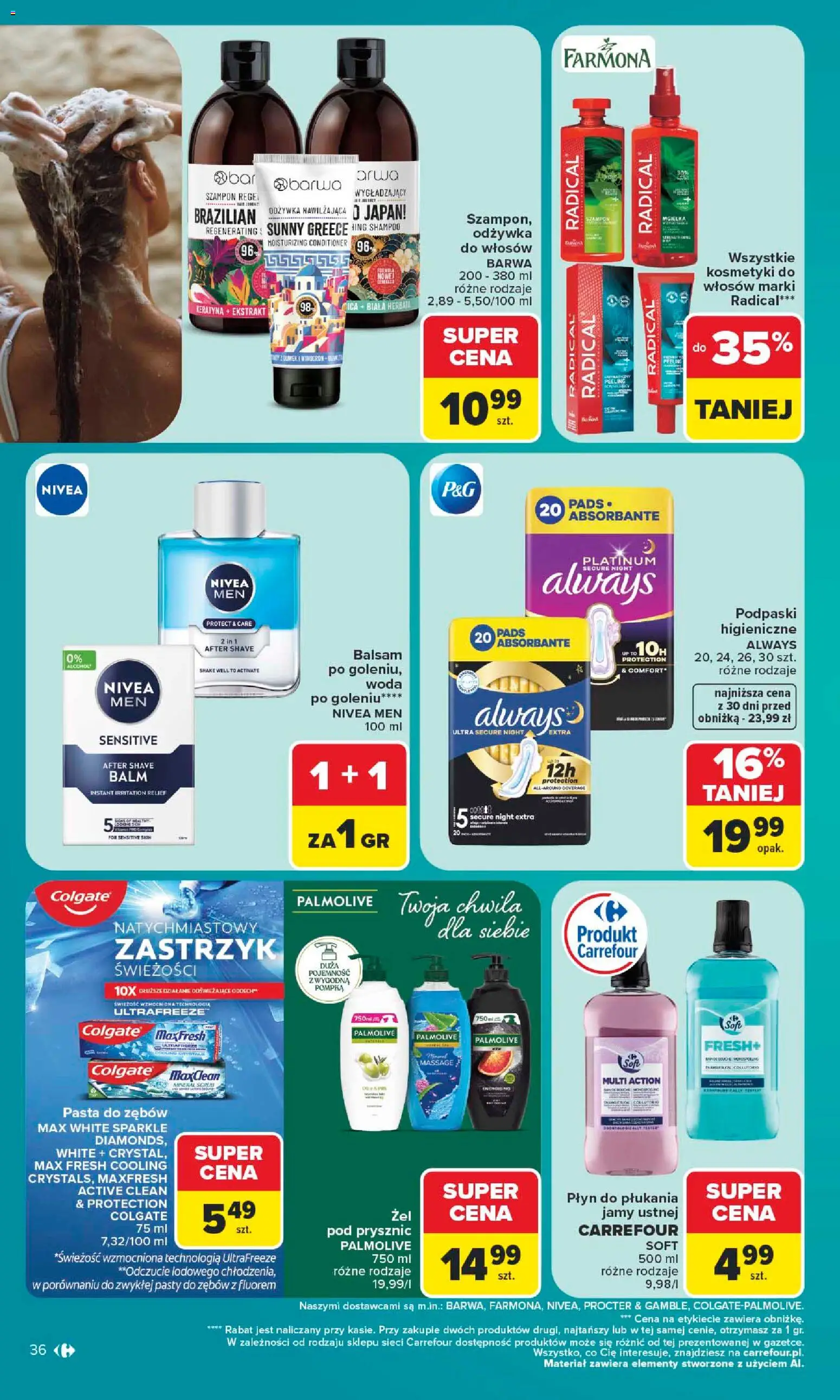 Carrefour gazetka od 06.07.2026 | Strona: 36 | Produkty: Podpaski, Prysznic, Herbata, Woda