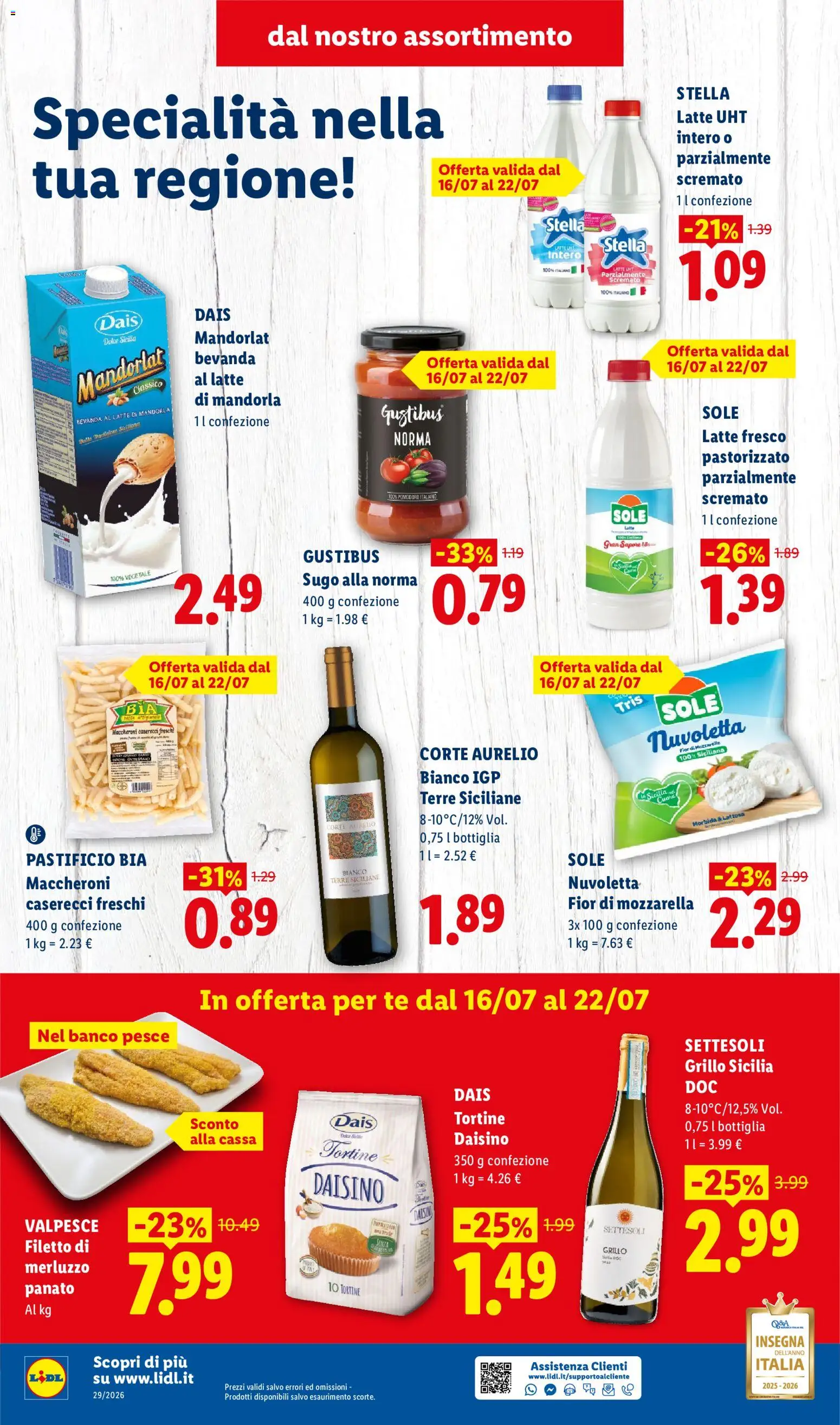 Volantino Lidl del 16/07/2026 | Pagina: 4 | Prodotti: Merluzzo, Mozzarella, Pasta, Bottiglia
