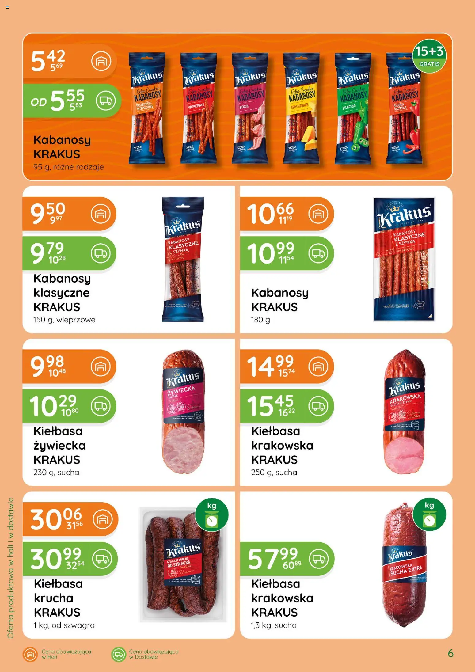 Eurocash gazetka - Katalog Wędlin od 03.09.2026 | Strona: 6 | Produkty: Kabanosy wieprzowe, Krakowska sucha, Kiełbasa krakowska, Ser cheddar