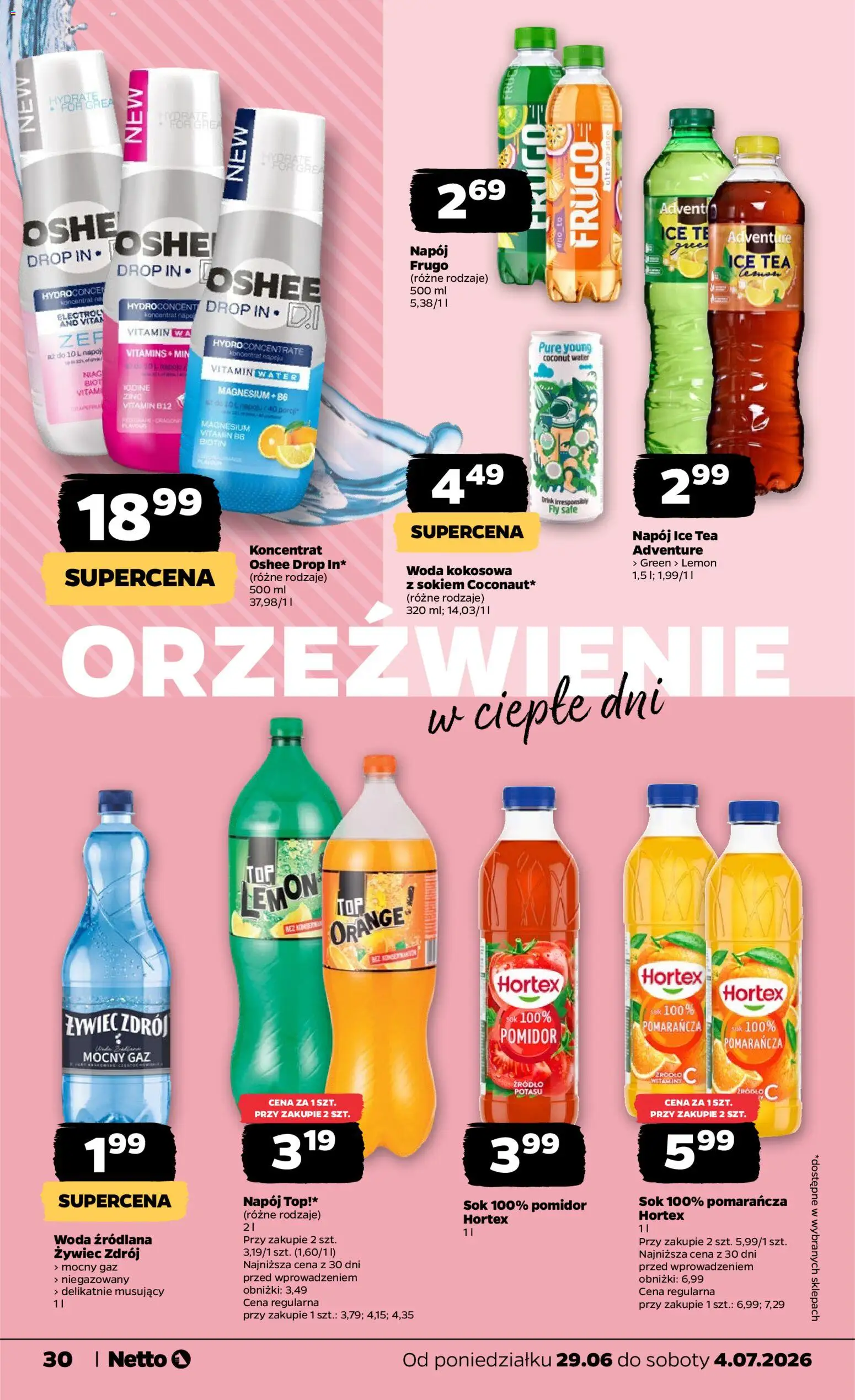 Netto gazetka od poniedziałku spożywcza od 29.06.2026 | Strona: 30 | Produkty: Top, Ice Tea, Sok, Woda