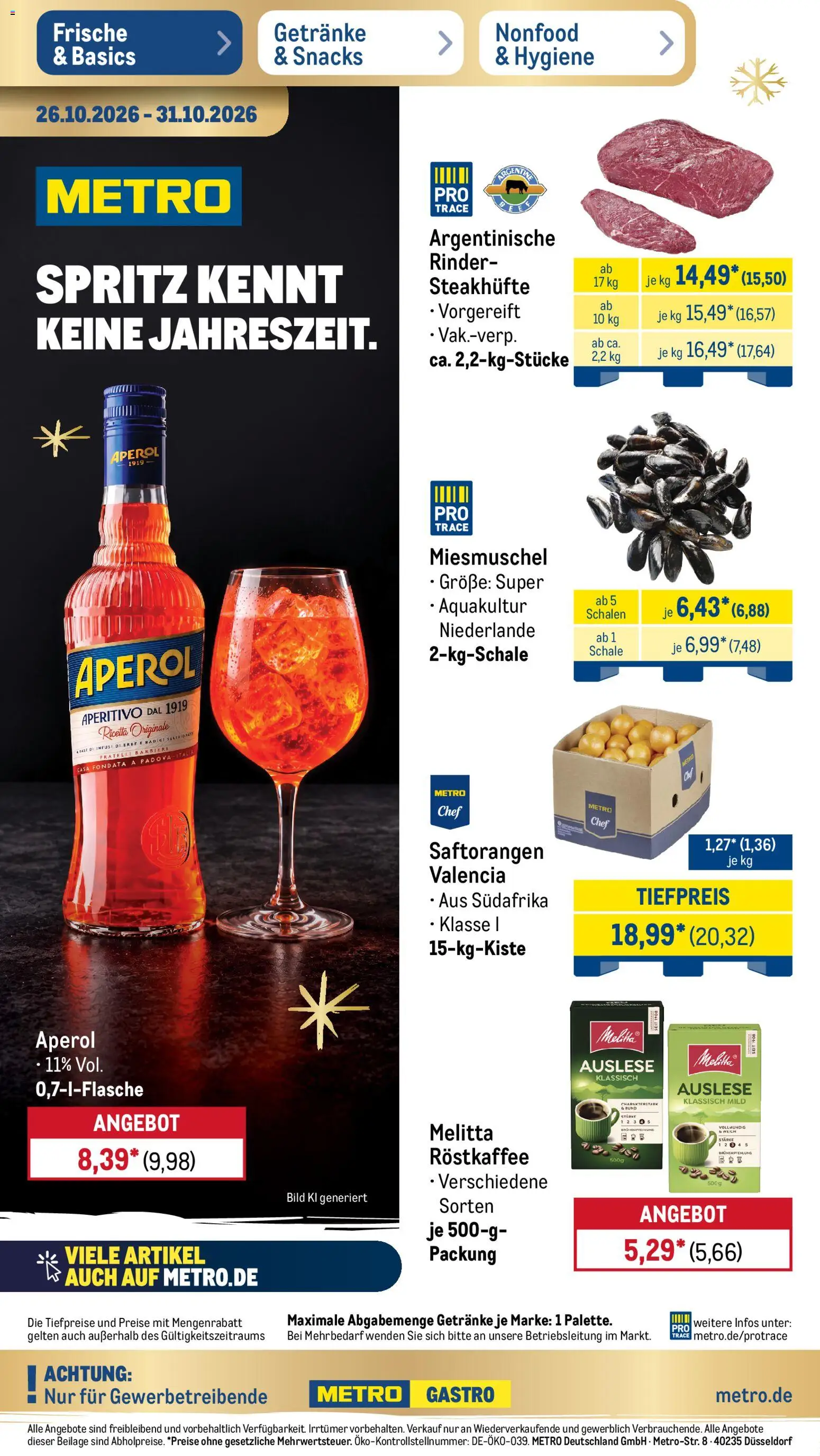 Metro Prospekt – gültig ab 26.10.2026 | Seite: 1 | Produkte: Melitta, Aperol