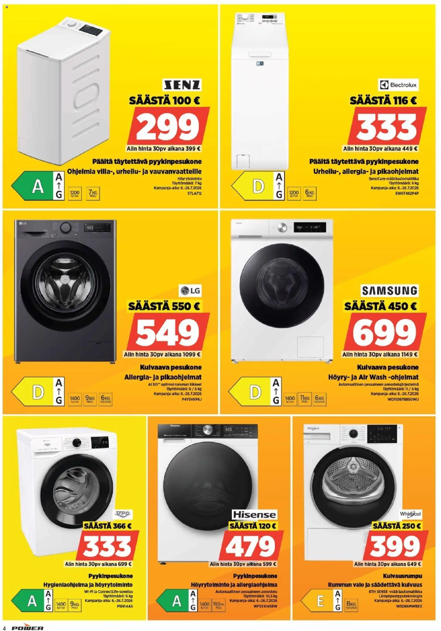 Power tarjoukset – voimassa 13/07/2026 alkaen | Sivu: 4 | Tuotteet: Pesukone, Kuivaava pesukone