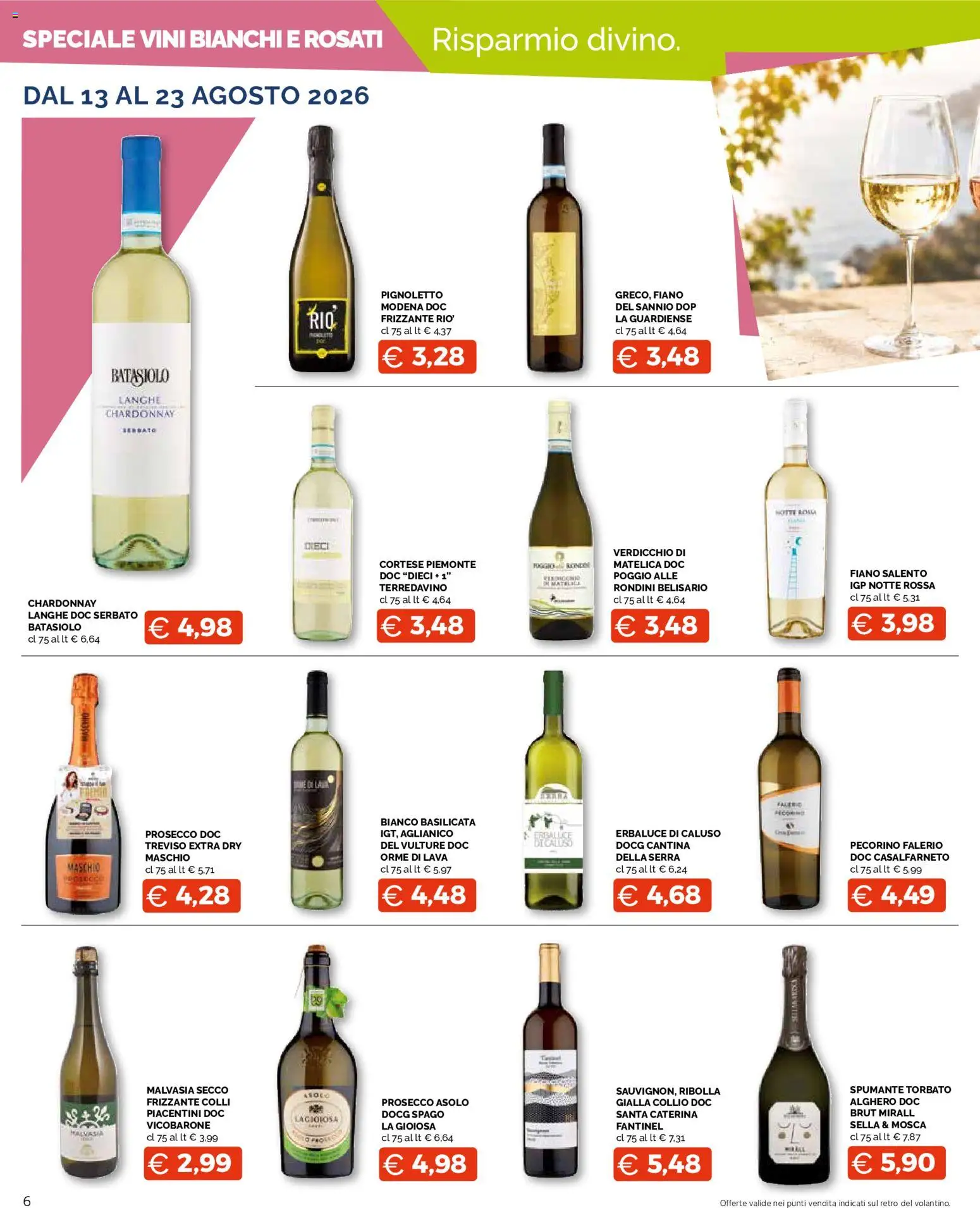 Volantino Mercatò del 13/08/2026 | Pagina: 6 | Prodotti: Prosecco, Spumante, Pecorino