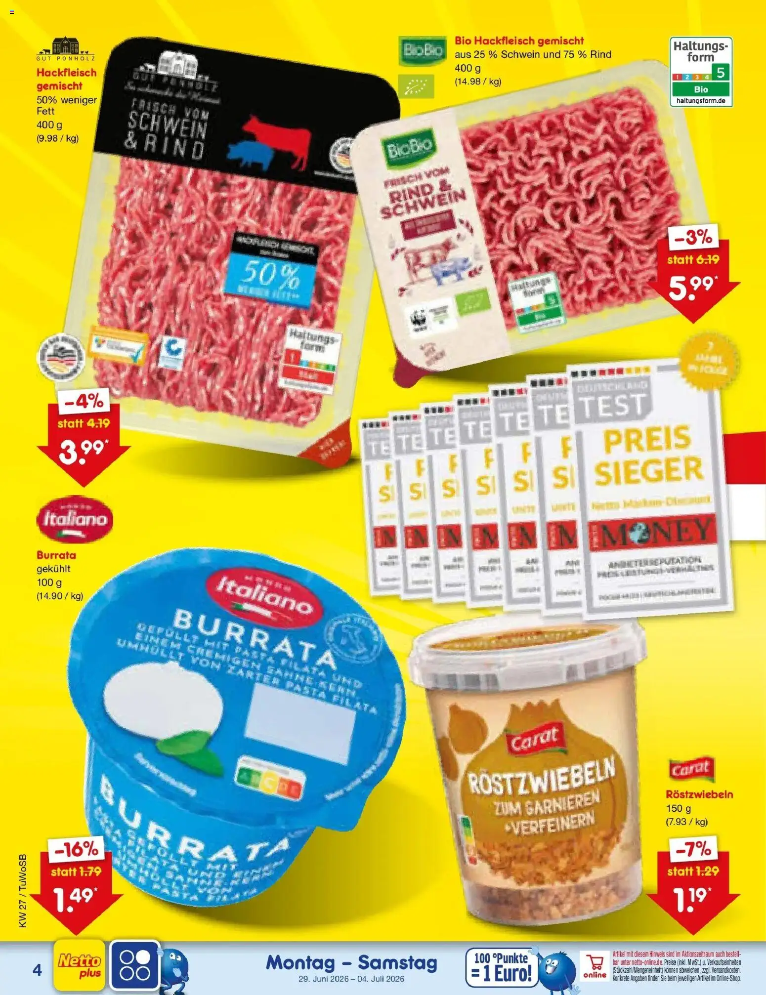 Netto Marken-Discount Prospekt Mannheim – gültig ab 28.06.2026 | Seite: 4 | Produkte: Fisch, Burrata, Pasta, Hackfleisch