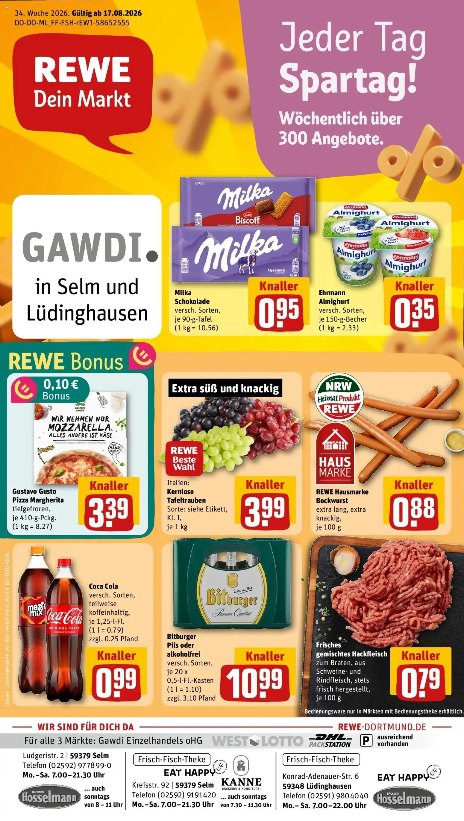 REWE Prospekt ab 17.08.2026 zum Blättern » Angebote | Seite: 1 | Produkte: Ehrmann almighurt, Käse, Milka, Uhr
