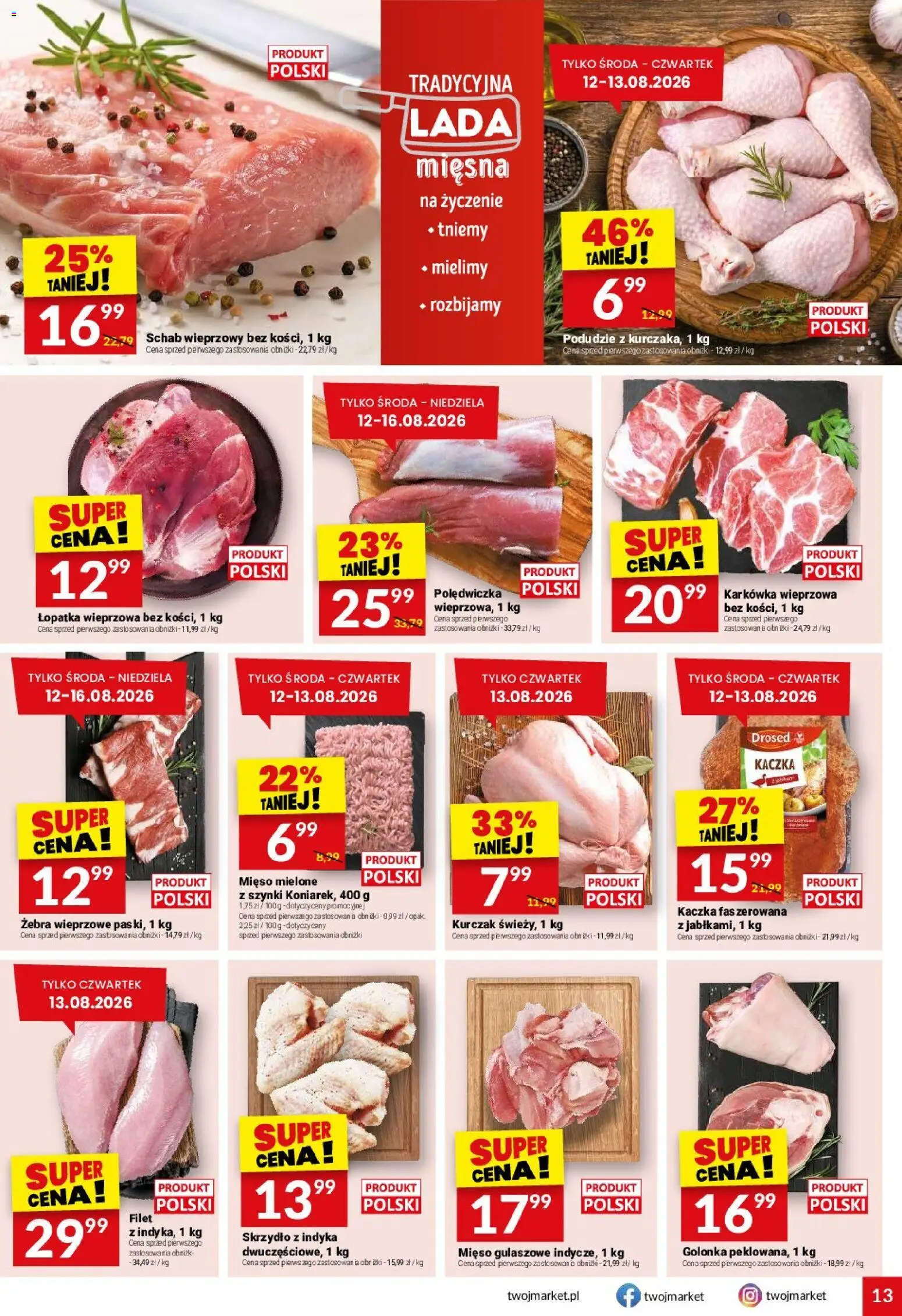 Twój Market gazetka od 12.08.2026 | Strona: 13 | Produkty: Golonka, Schab, Mięso, Kaczka