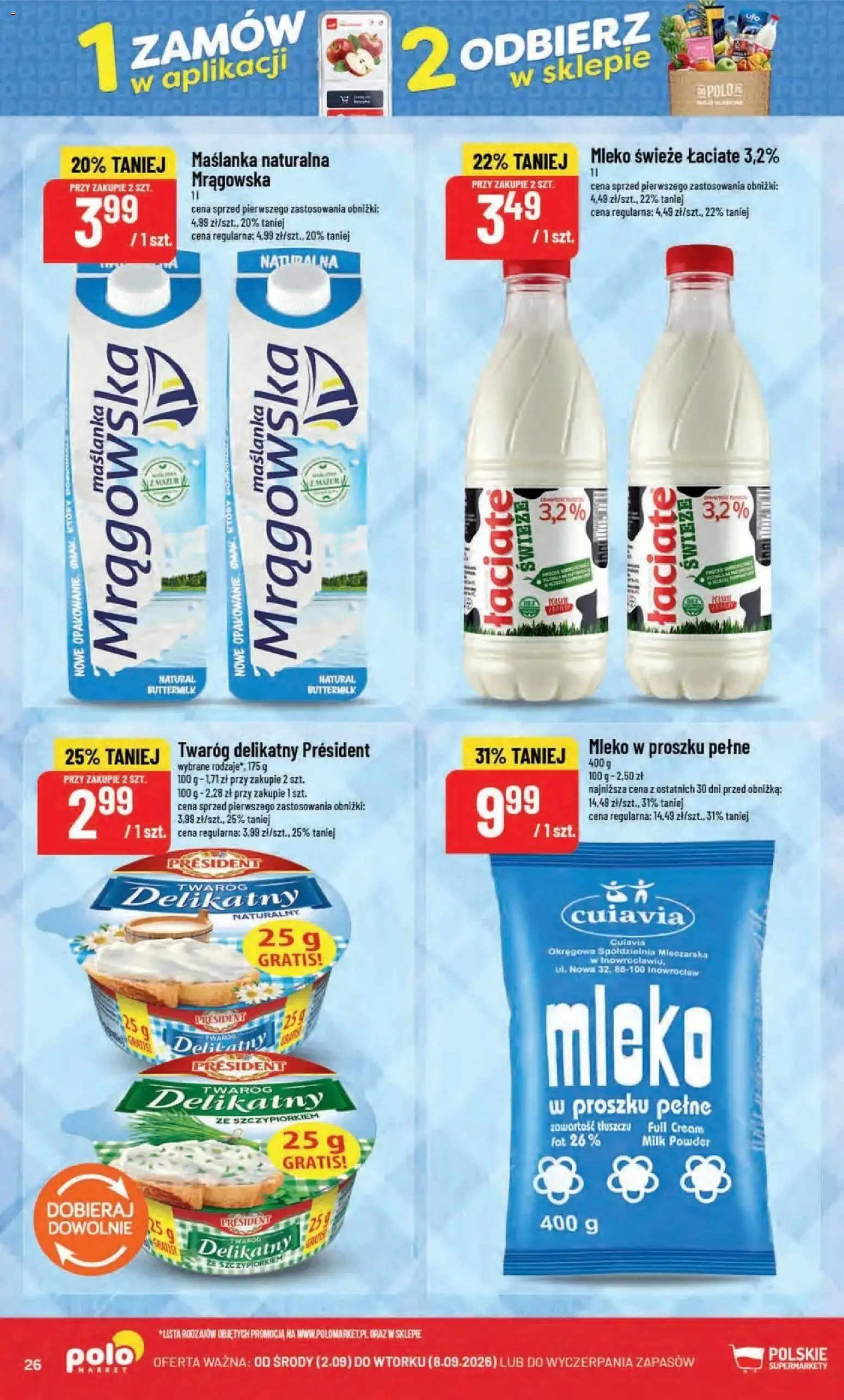 Nowa POLOmarket gazetka od jutra 02.09.2026 | Strona: 26 | Produkty: Mleko w proszku, Twaróg delikatny president, Mleko świeże, Twaróg