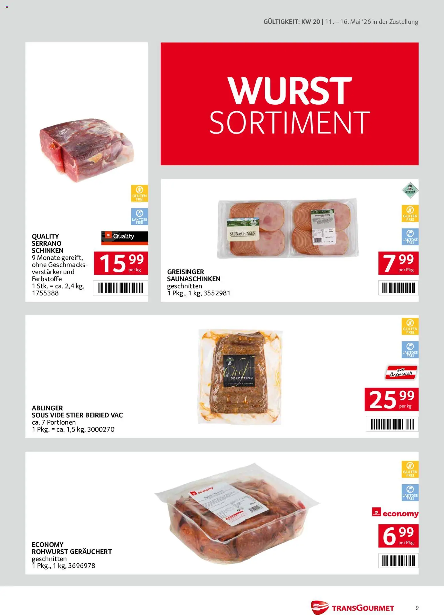 Transgourmet Zustellaktion gültig ab 11.05.2026 | Seite: 9 | Produkte: Wurst, Schinken