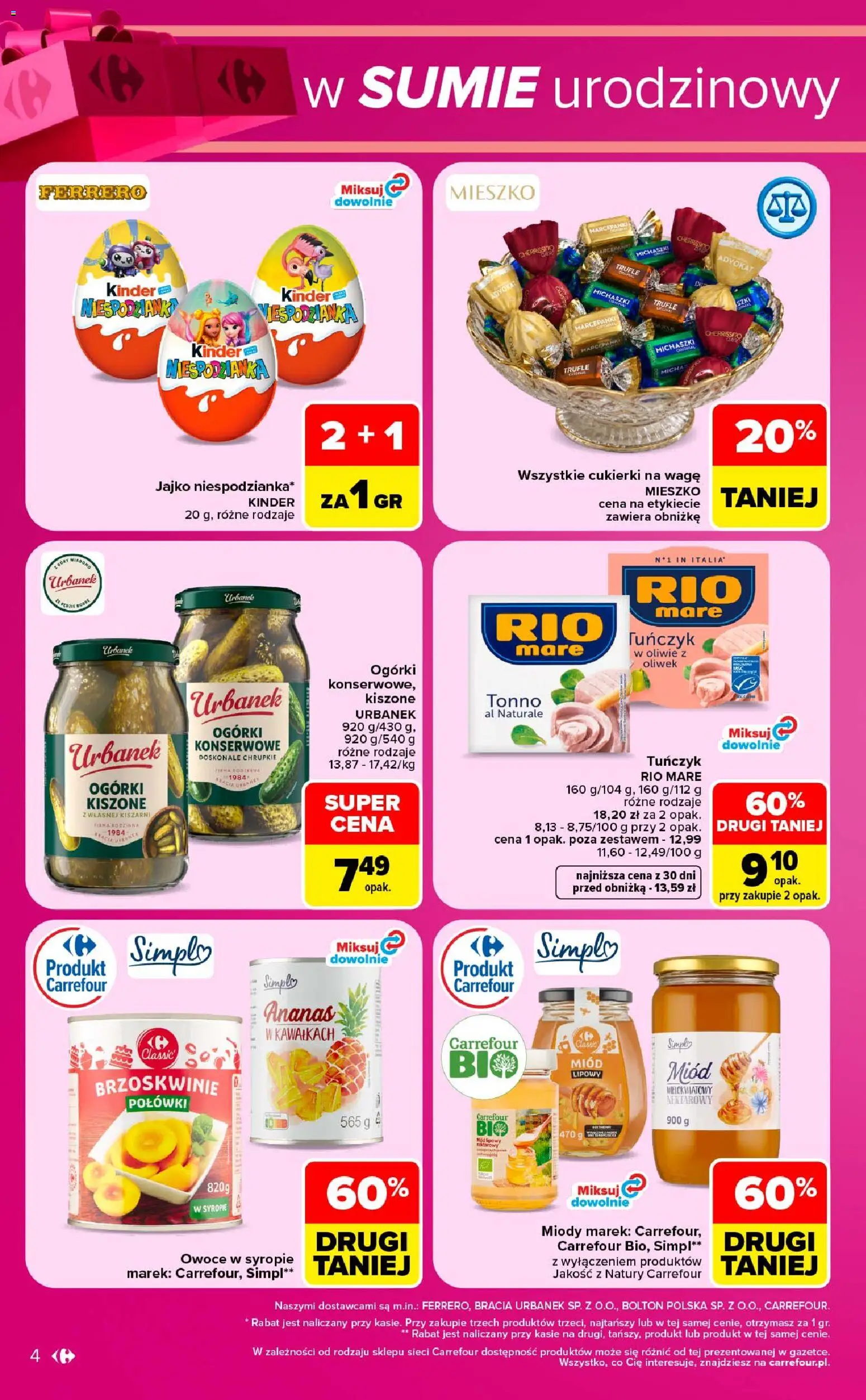 Carrefour gazetka - Weekend okazji od 15.10.2026 | Strona: 4 | Produkty: Miód, Tuńczyk, Cukierki, Owoce