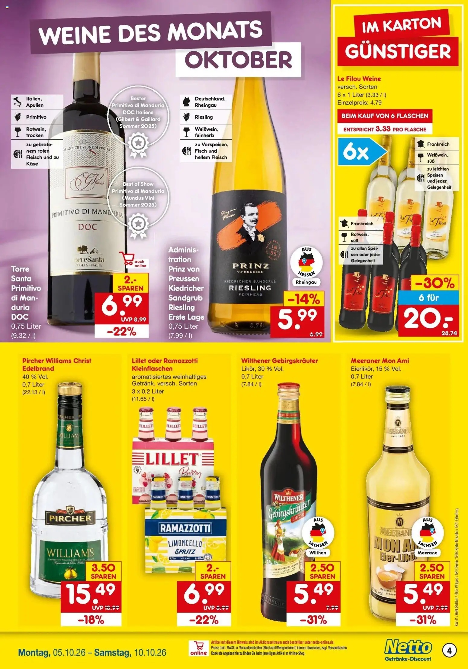 Netto Marken-Discount Prospekt Berlin-Marzahn – gültig ab 05.10.2026 | Seite: 4 | Produkte: Le filou, Lillet, Limoncello, Fleisch