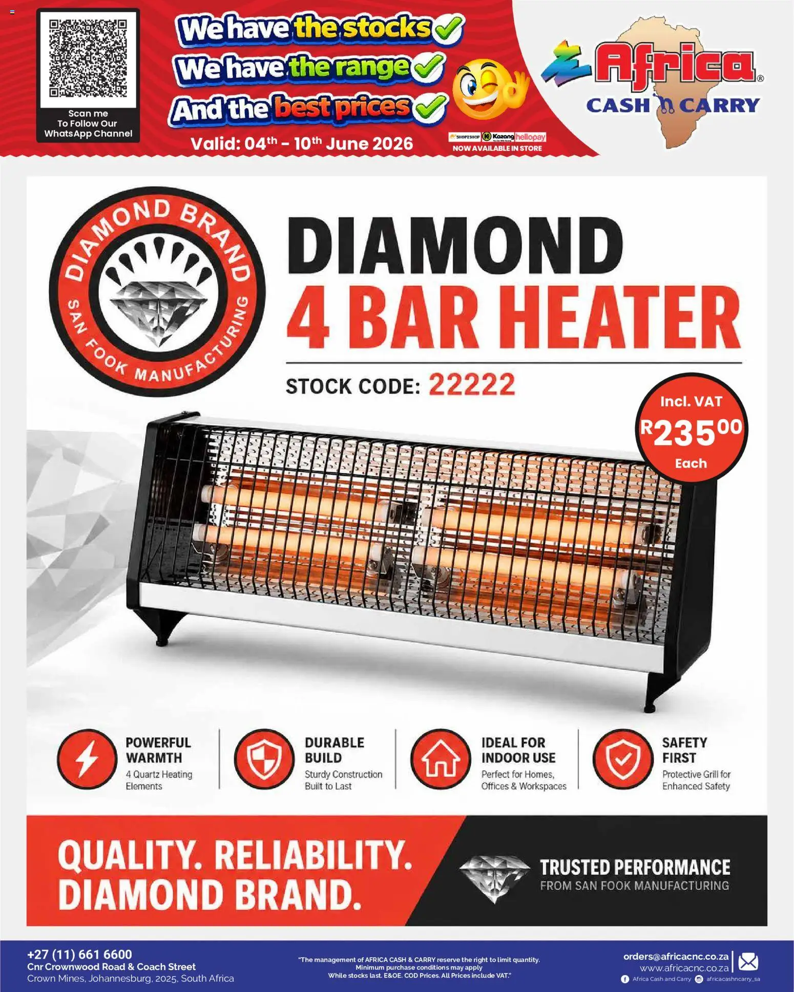 New Africa Cash & Carry catalogue – valid from 04.06.2026 | Page: 32 | Products: Grill, Heater, Bar heater, Stock