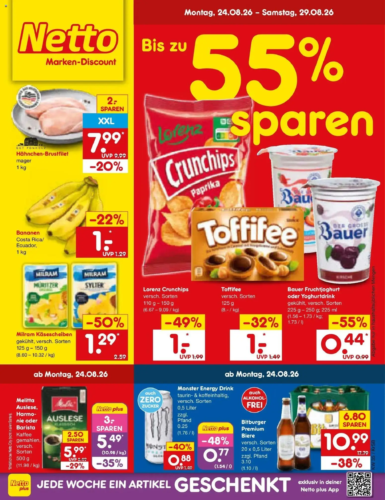 Netto Marken-Discount Prospekt Baesweiler – gültig ab 24.08.2026 | Seite: 1 | Produkte: Energy, Bananen, Milram, Zucker