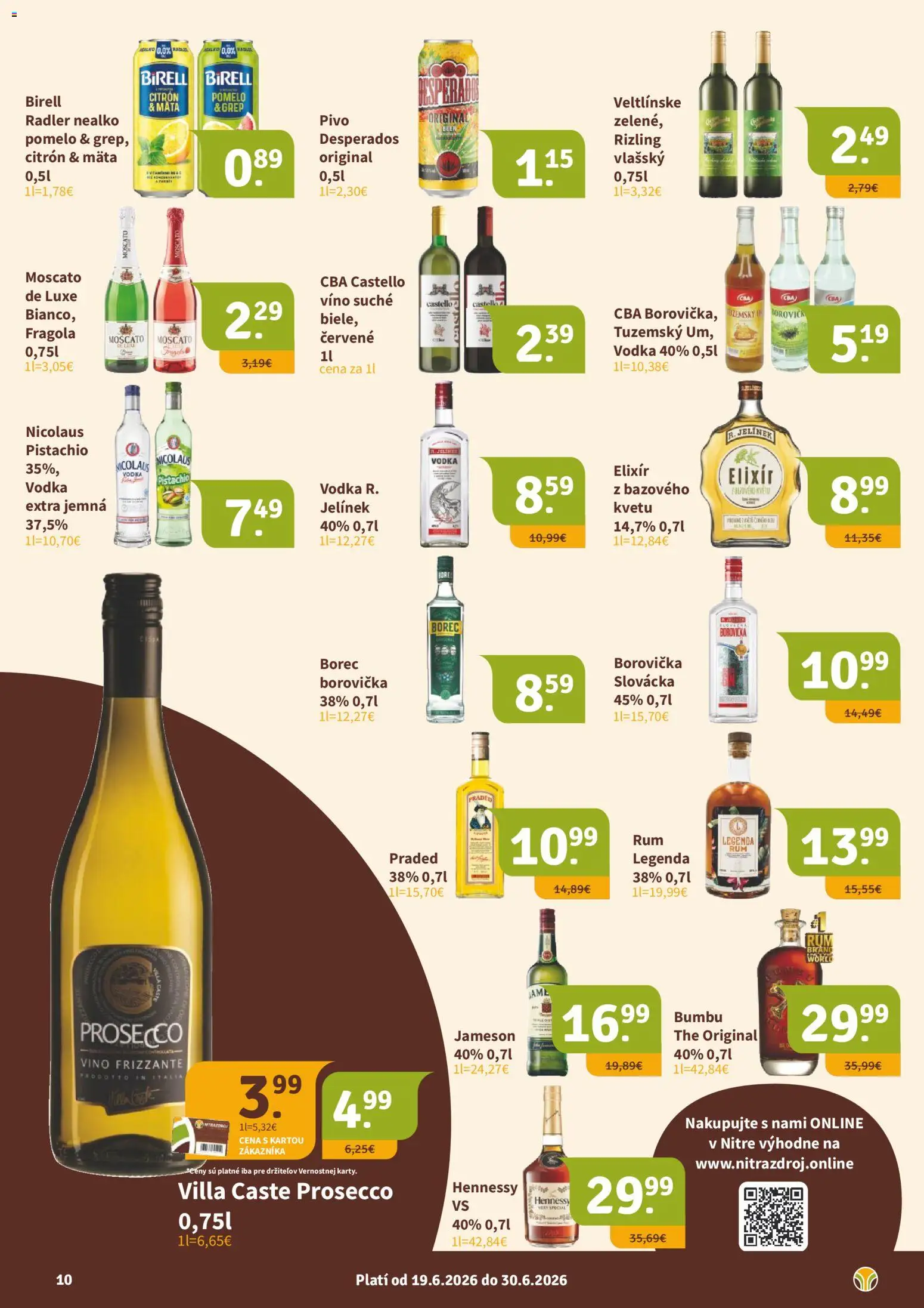 Nové Nitrazdroj akcie – leták je platný od 19.06.2026 | Strana: 10 | Produkty: Pivo, Desperados, Borovička, Nicolaus vodka