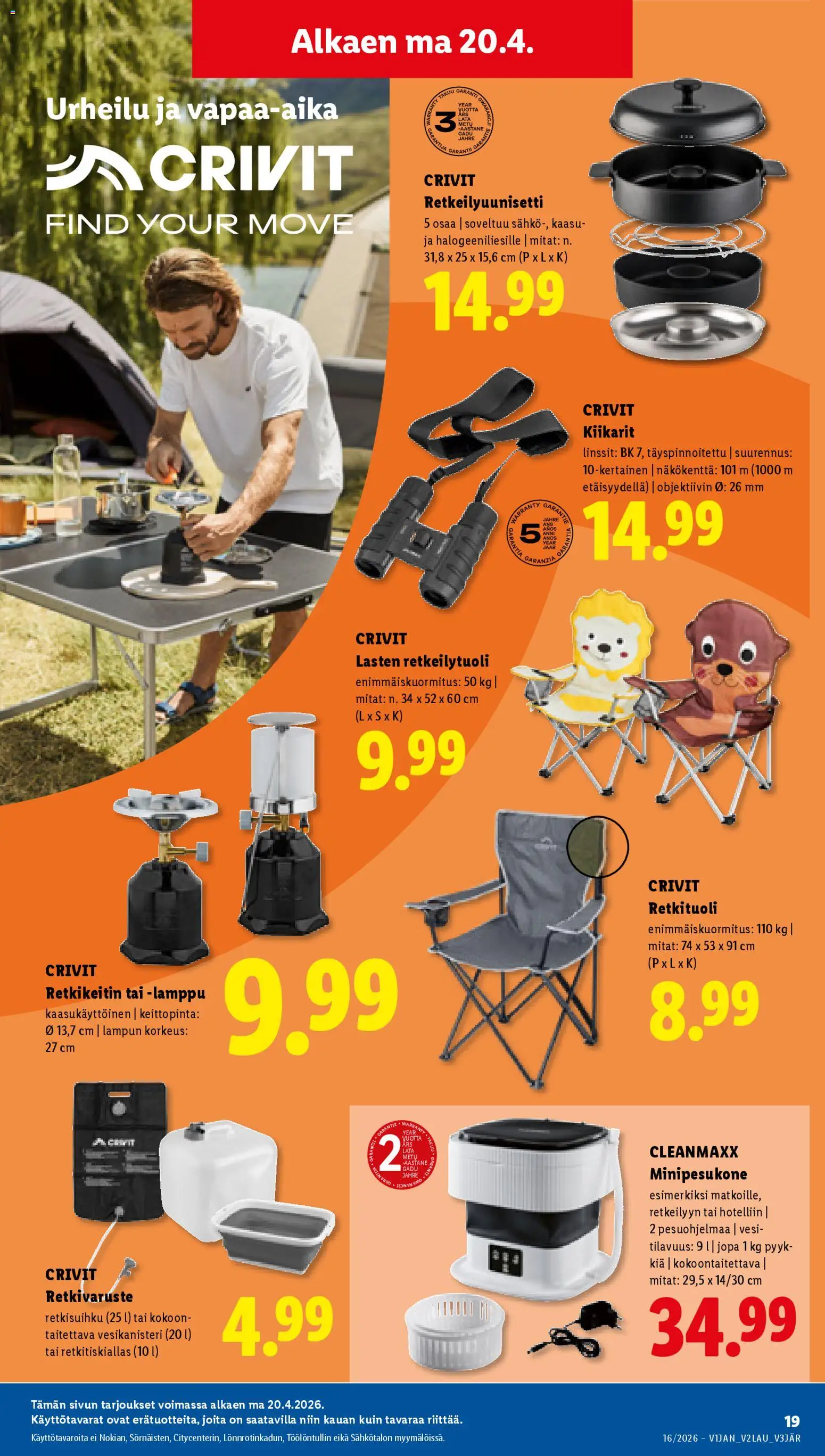 Lidl tarjoukset - Helsinki – voimassa 16.04.2026 alkaen | Sivu: 25 | Tuotteet: Retkeilytuoli, Retkikeitin, Kiikarit, Lamppu