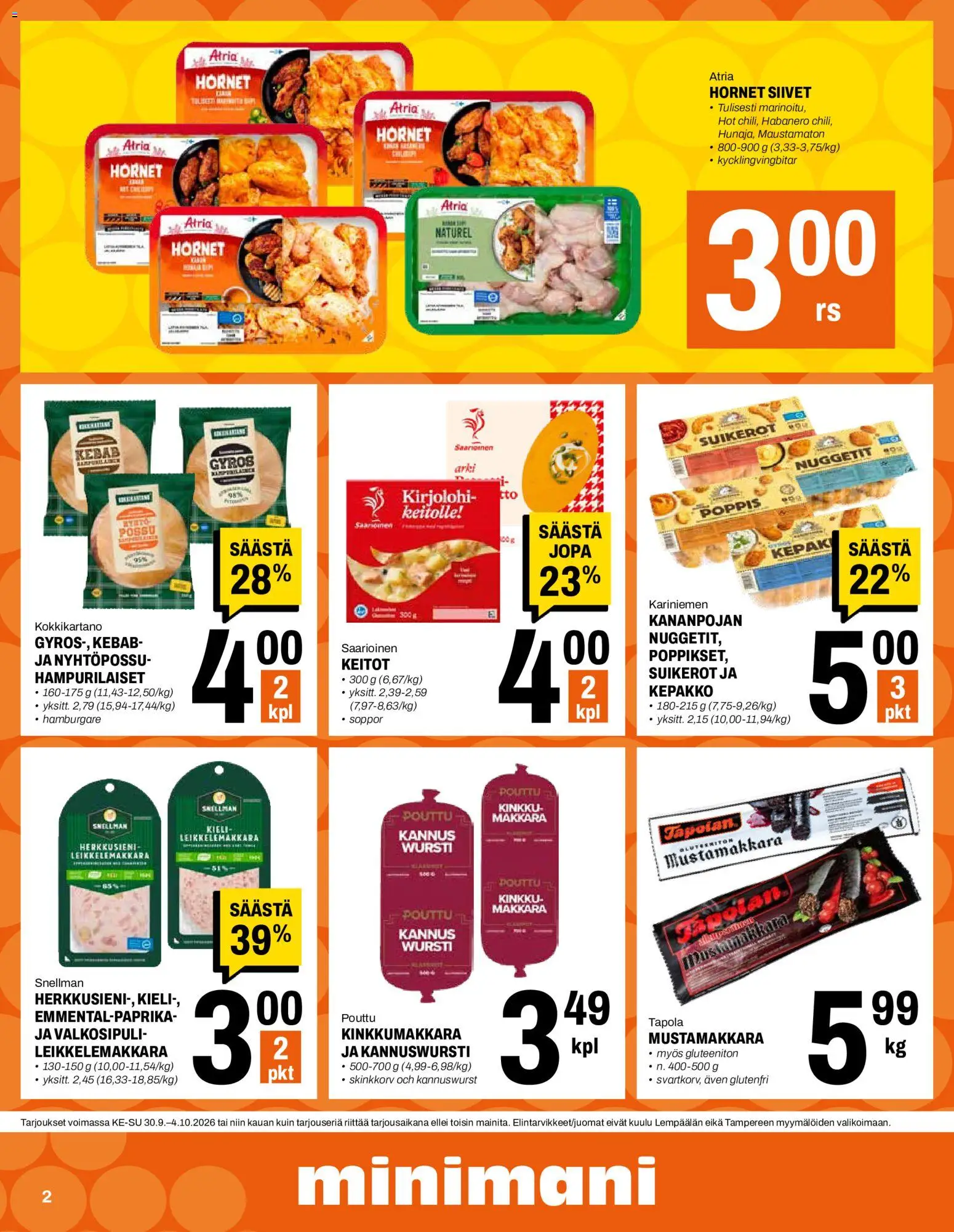 Minimani tarjoukset – voimassa 30/09/2026 alkaen | Sivu: 2 | Tuotteet: Kirjolohi, Valkosipuli, Makkara, Kinkku