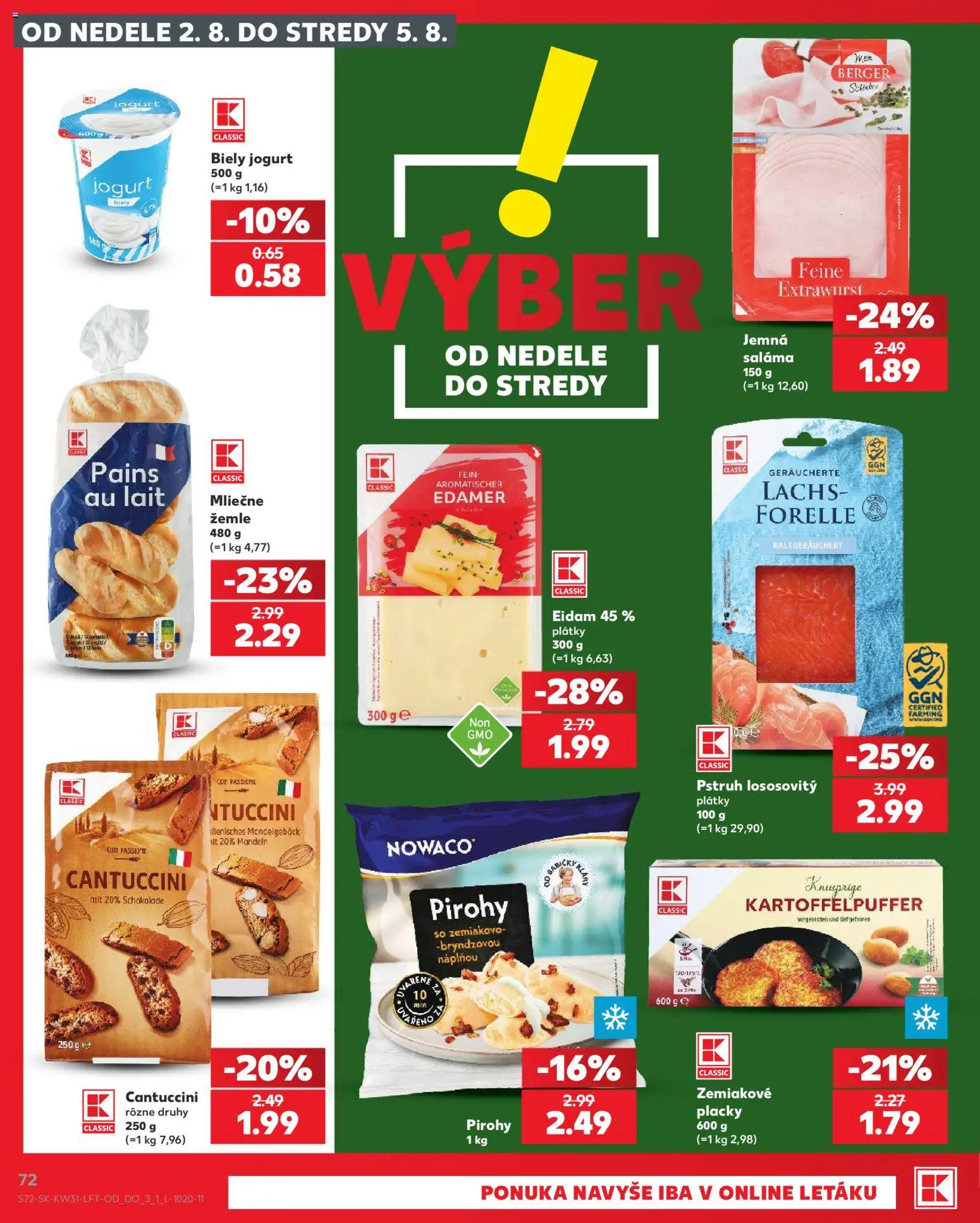 Nové Kaufland akcie – leták je platný od 30.07.2026 | Strana: 72 | Produkty: Pirohy, Saláma, Pstruh, Biely jogurt