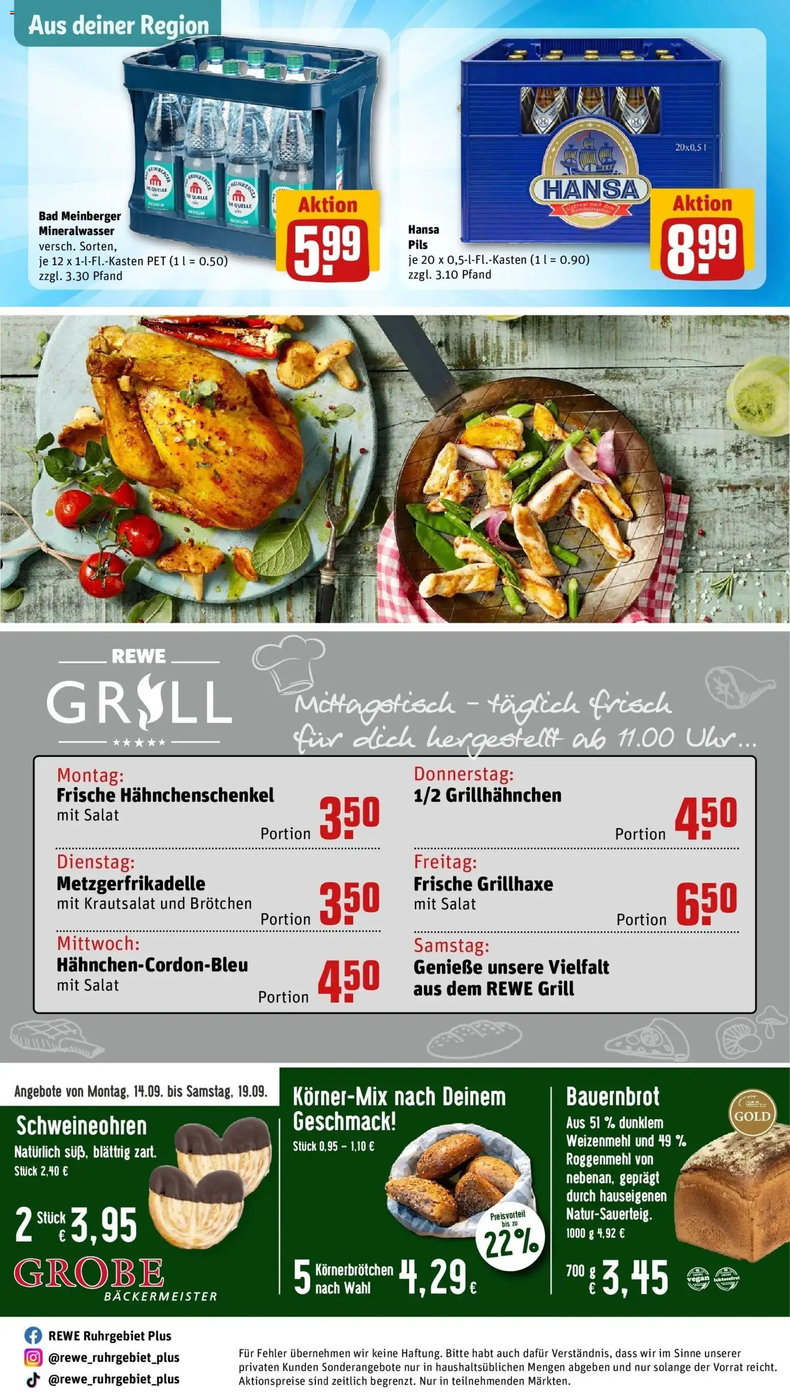 REWE Prospekt ab 14.09.2026 zum Blättern » Angebote | Seite: 32 | Produkte: Grill, Hahnchenschenkel, Bad, Mineralwasser