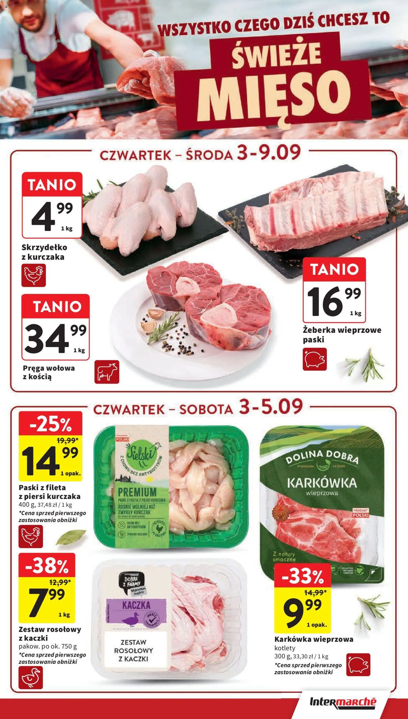 Intermarche gazetka od 03.09.2026 | Strona: 13 | Produkty: Żeberka wieprzowe, Piersi, Kaczka, Kotlety