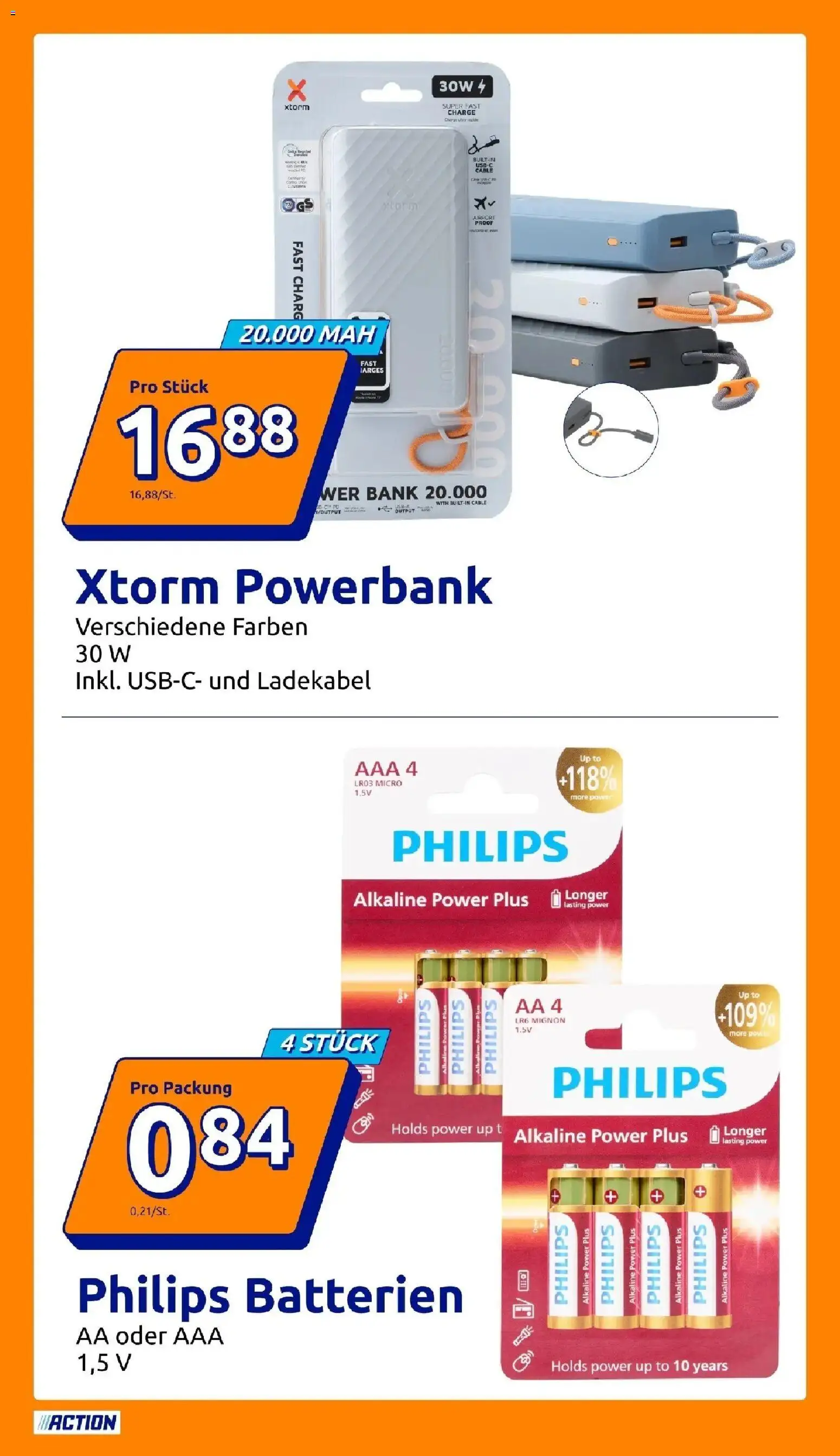 Action Aktueller Prospekt ab 19.08.2026 → Angebote nächste Woche | Seite: 10 | Produkte: Philips, Batterien, Ladekabel, Powerbank