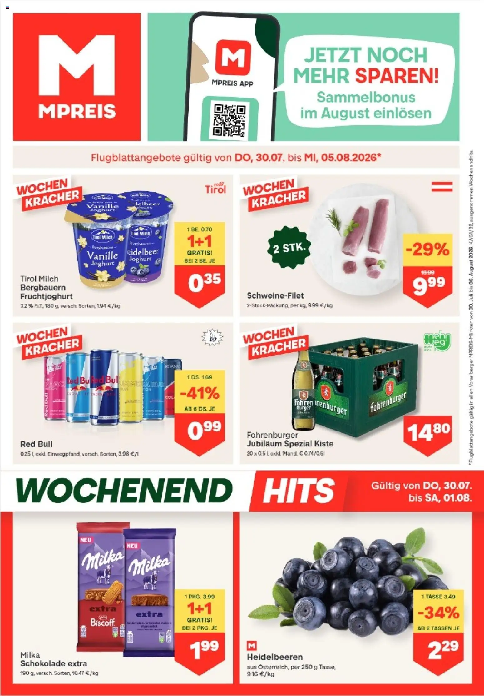 MPREIS Hohenems gültig ab 30.07.2026 | Seite: 1 | Produkte: Milch, Joghurt, Schokolade