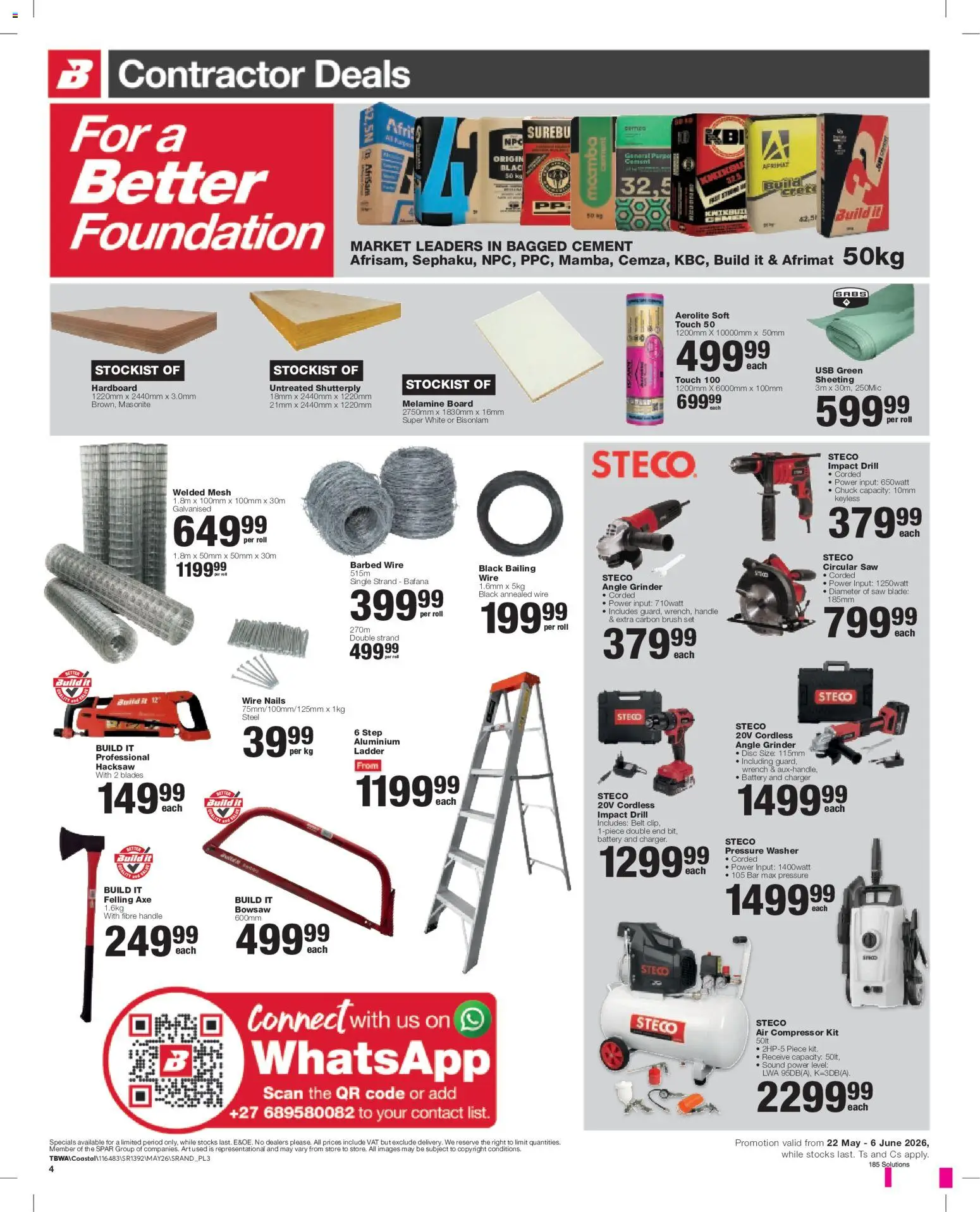New Build It catalogue – valid from 22.05.2026 | Page: 4 | Products: Drill, Bowsaw, Angle grinder, Cement