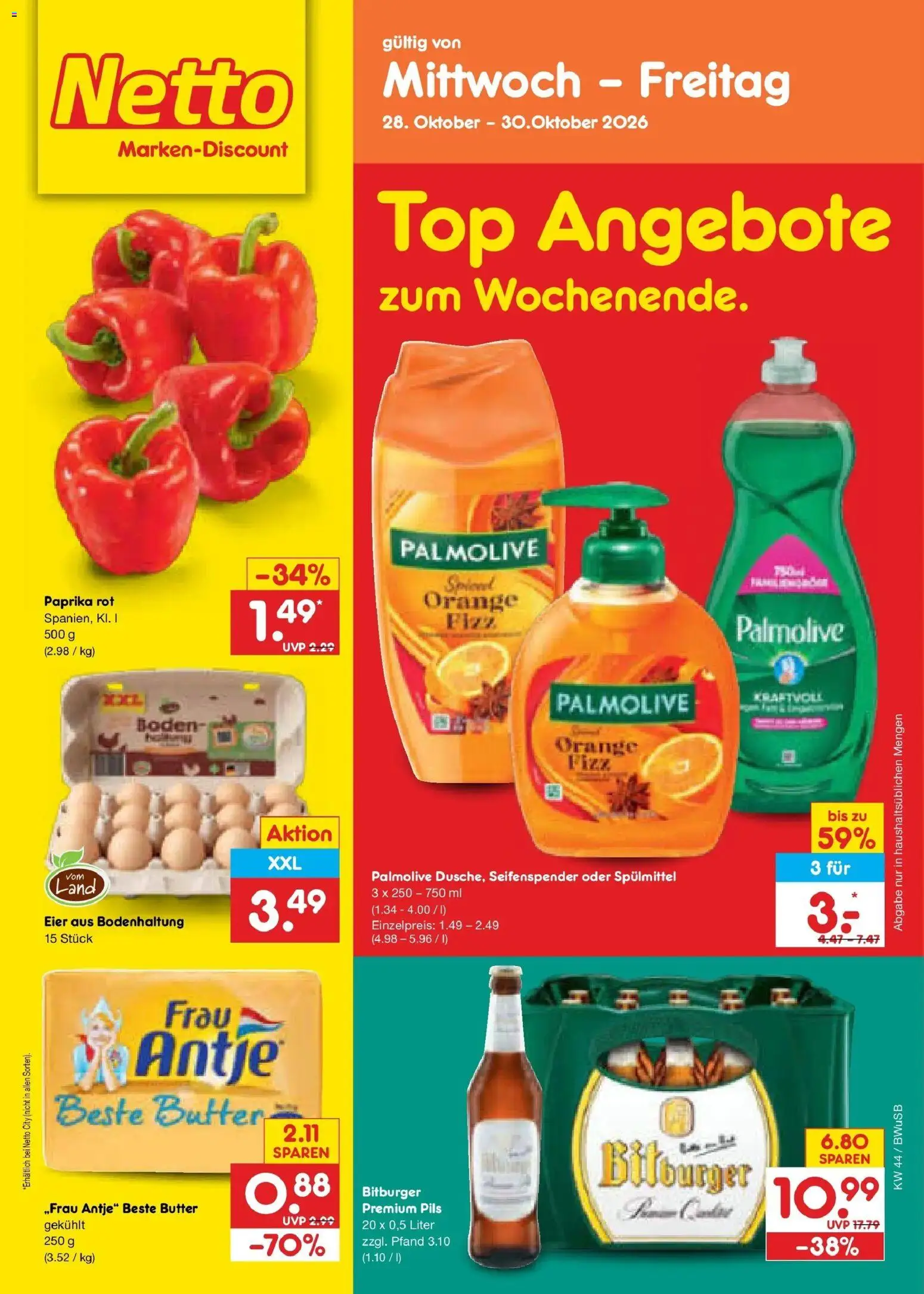 Netto Marken-Discount Prospekt Bielefeld – gültig ab 26.10.2026 | Seite: 58 | Produkte: Top, Bitburger, Butter, Paprika rot
