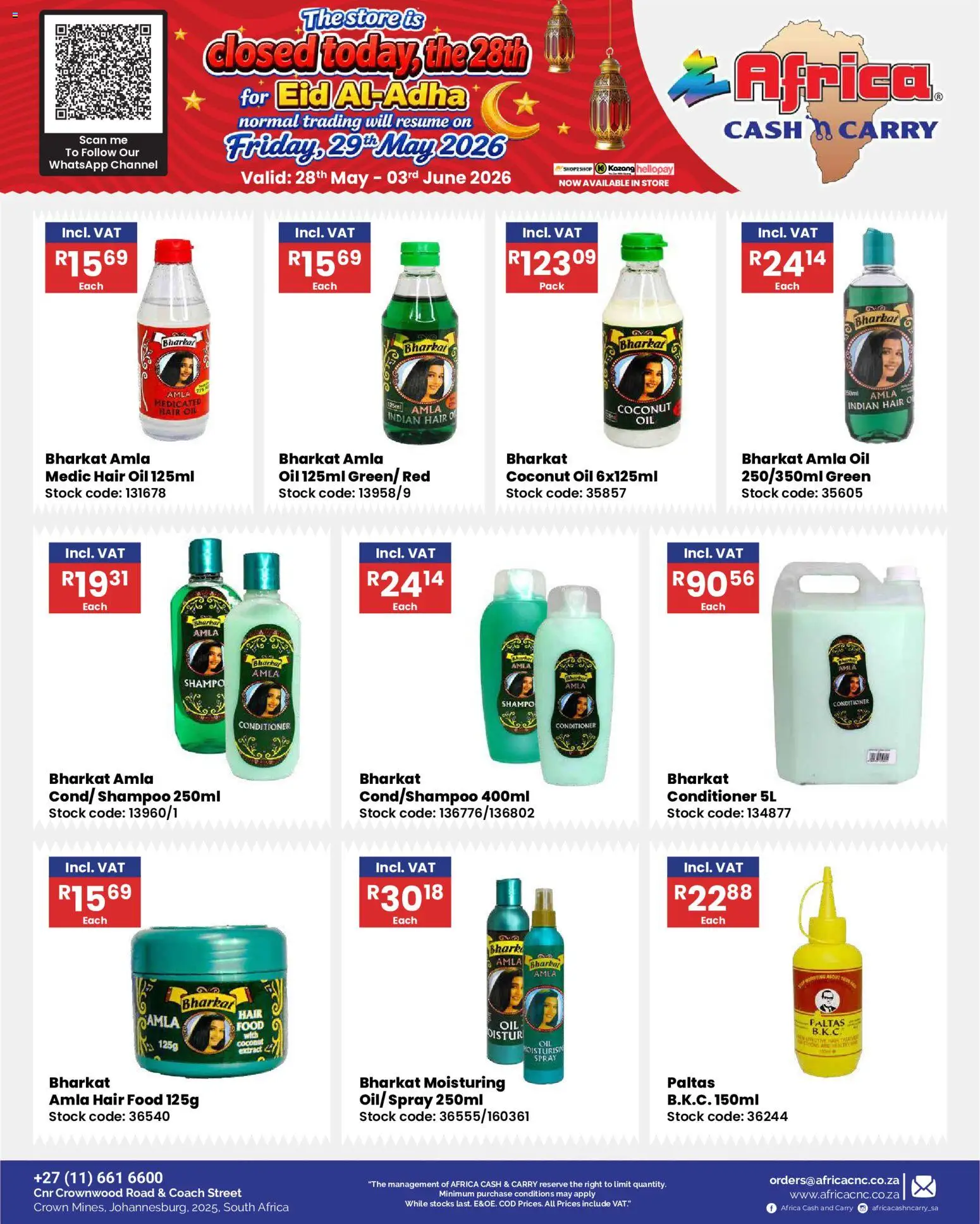 New Africa Cash & Carry catalogue – valid from 28.05.2026 | Page: 57 | Products: Oil, Shampoo, Hair oil, Stock