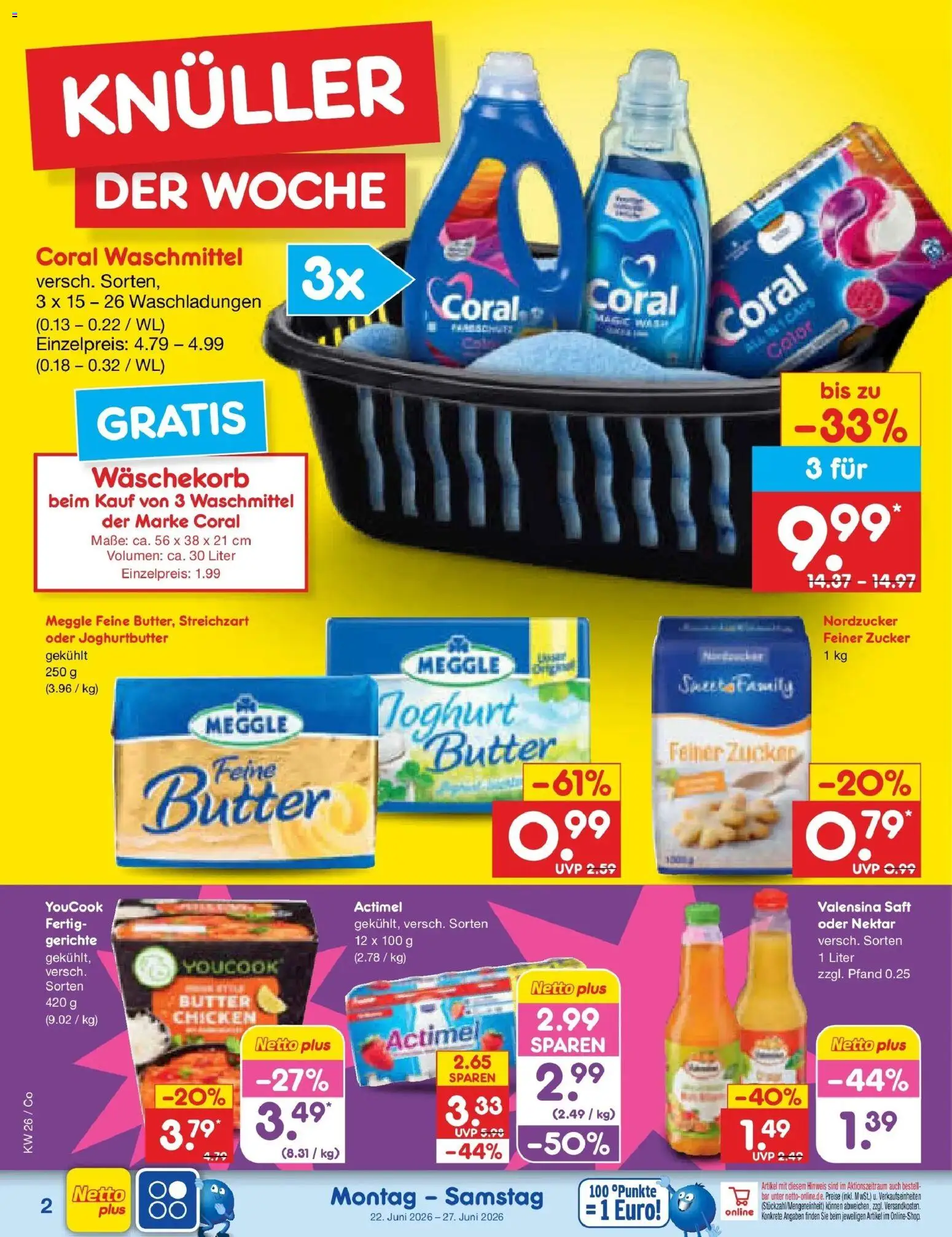 Netto Marken-Discount Prospekt Delitzsch – gültig ab 22.06.2026 | Seite: 2 | Produkte: Actimel, Butter, Coral, Zucker