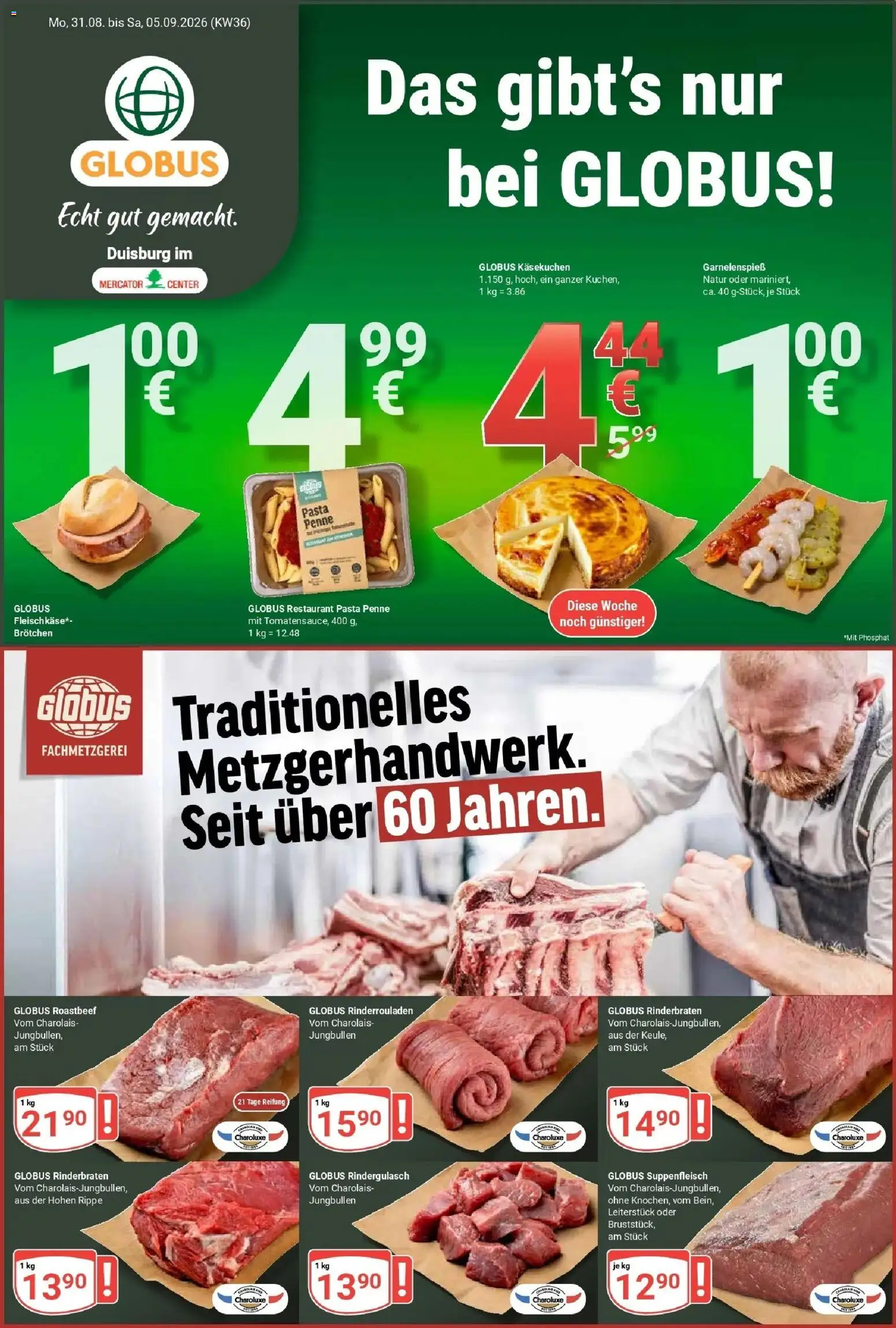 Globus Prospekt Duisburg – gültig ab 31.08.2026 | Seite: 1 | Produkte: Rinderbraten, Roastbeef, Suppenfleisch, Pasta