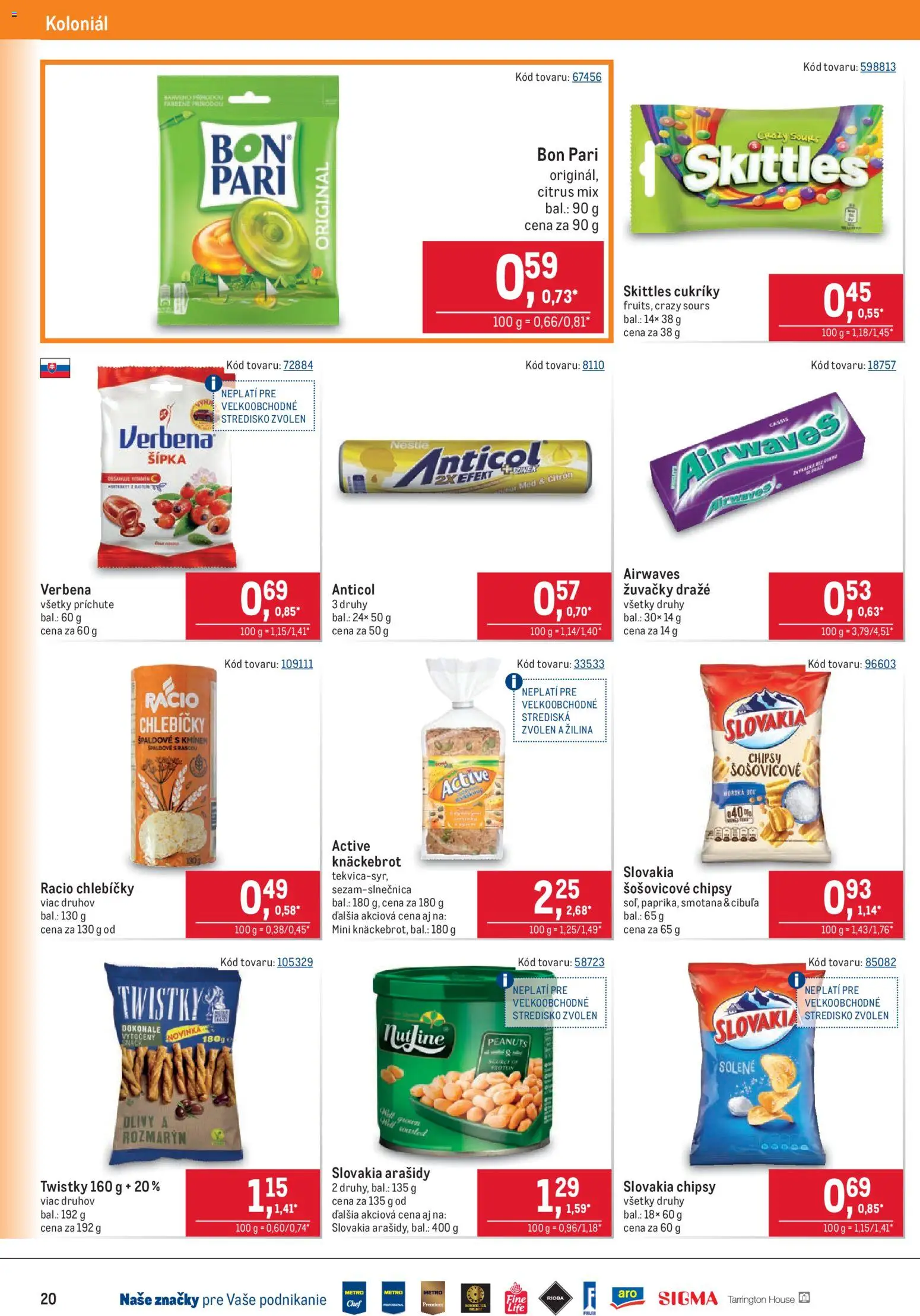 Nové Metro akcie – leták je platný od 07.10.2026 | Strana: 20 | Produkty: Šošovicové chipsy, Cukríky, Med, Knäckebrot